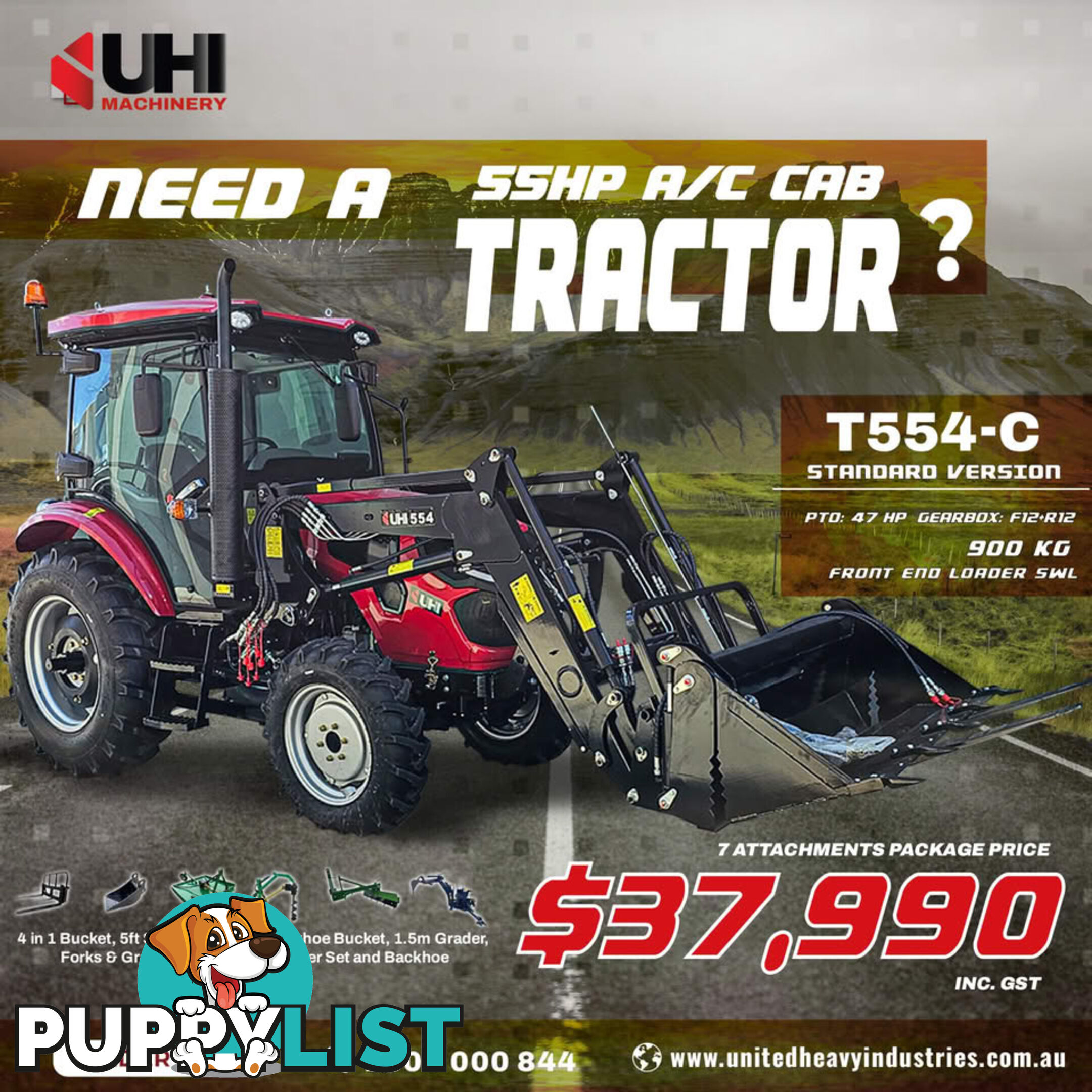 NEW UHI 55HP CAB TRACTOR WITH 7 ATTACHMENTS (WA ONLY)