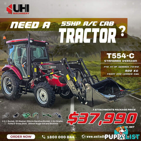 NEW UHI 55HP CAB TRACTOR WITH 7 ATTACHMENTS (WA ONLY)