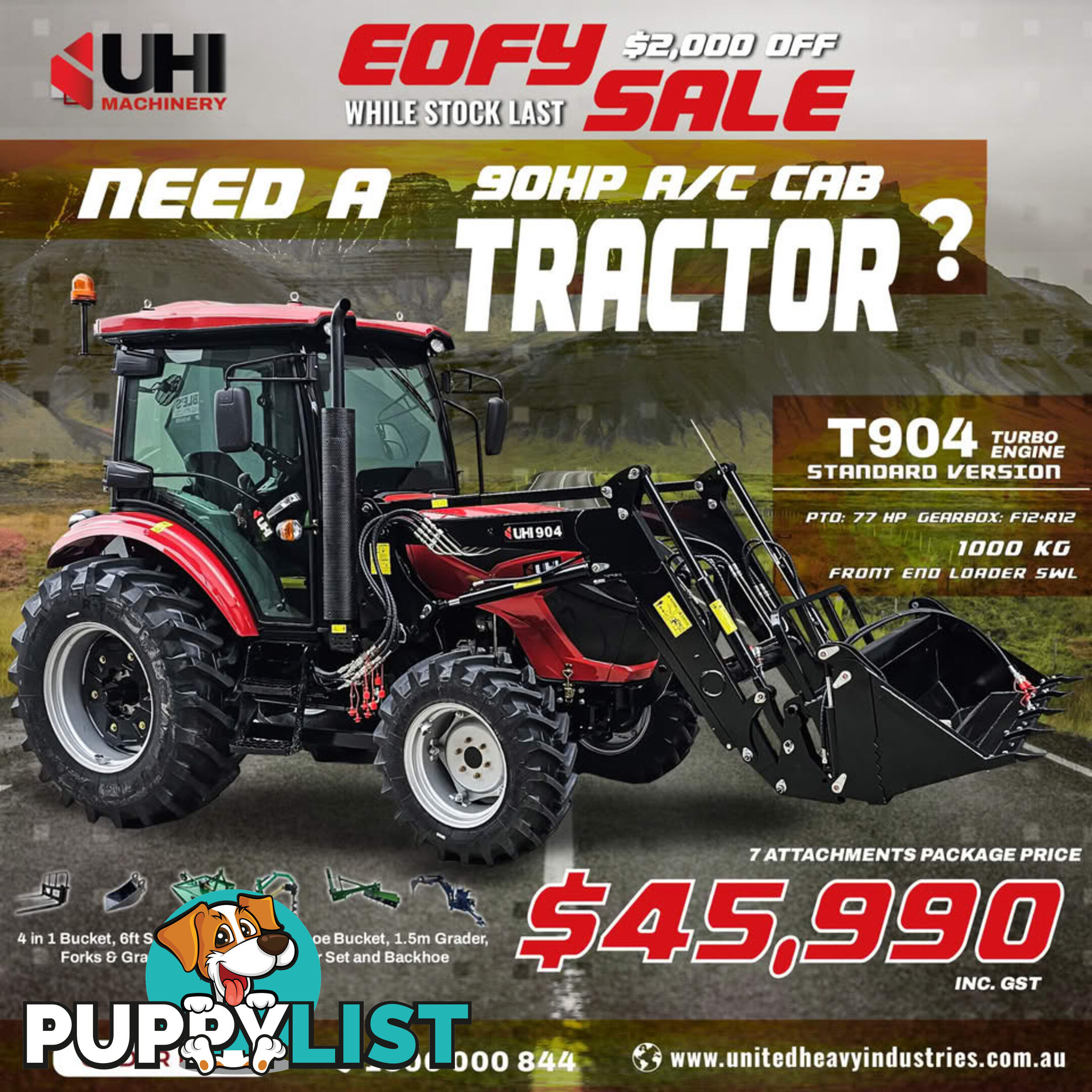 NEW UHI 90HP TRACTOR WITH 7 ATTACHMENTS (WA ONLY)