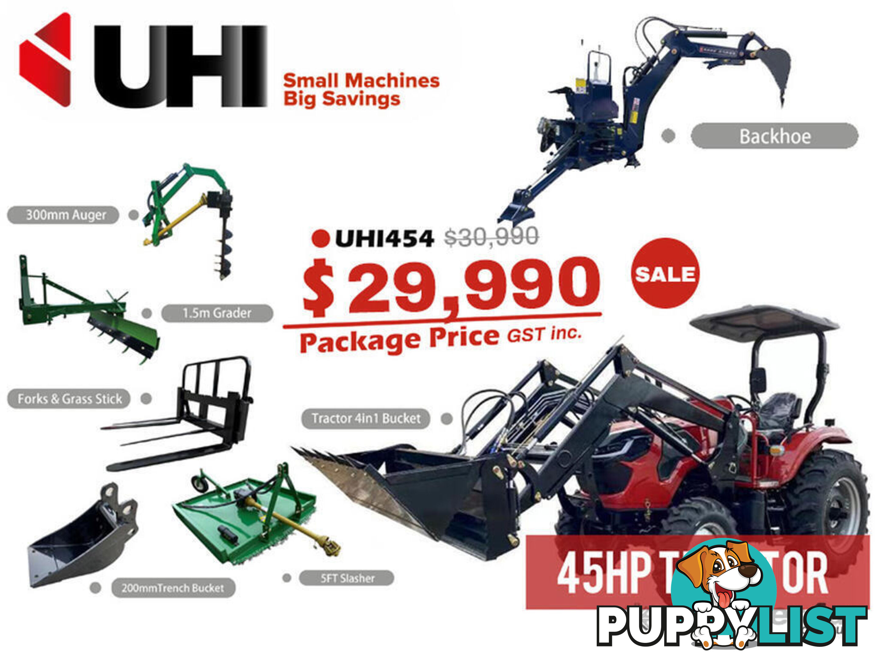 NEW UHI 45HP 4WD TRACTOR WITH 7 ATTACHMENTS, (WA ONLY)