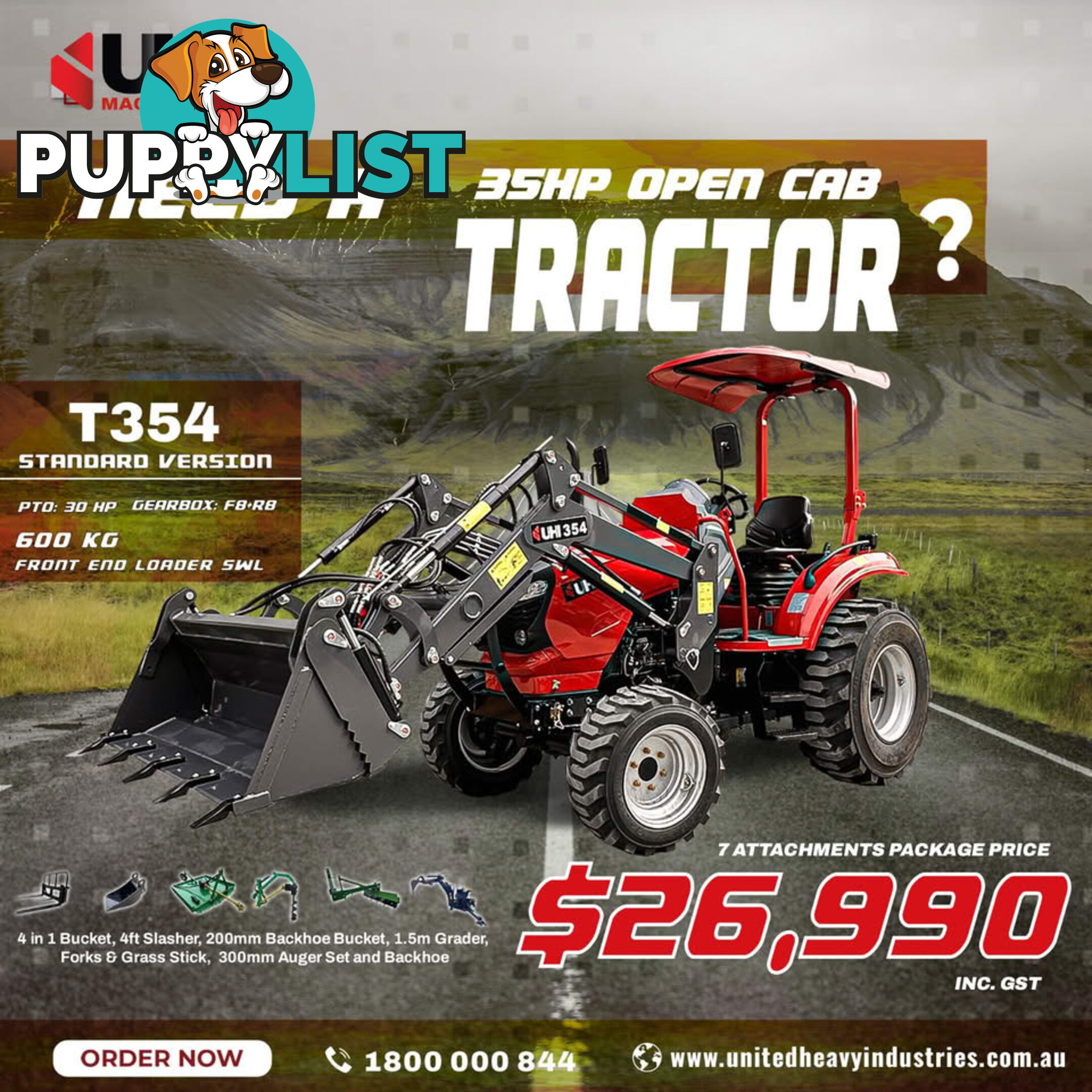 NEW UHI 35HP 4WD TRACTOR WITH 7 ATTACHMENTS (WA ONLY)