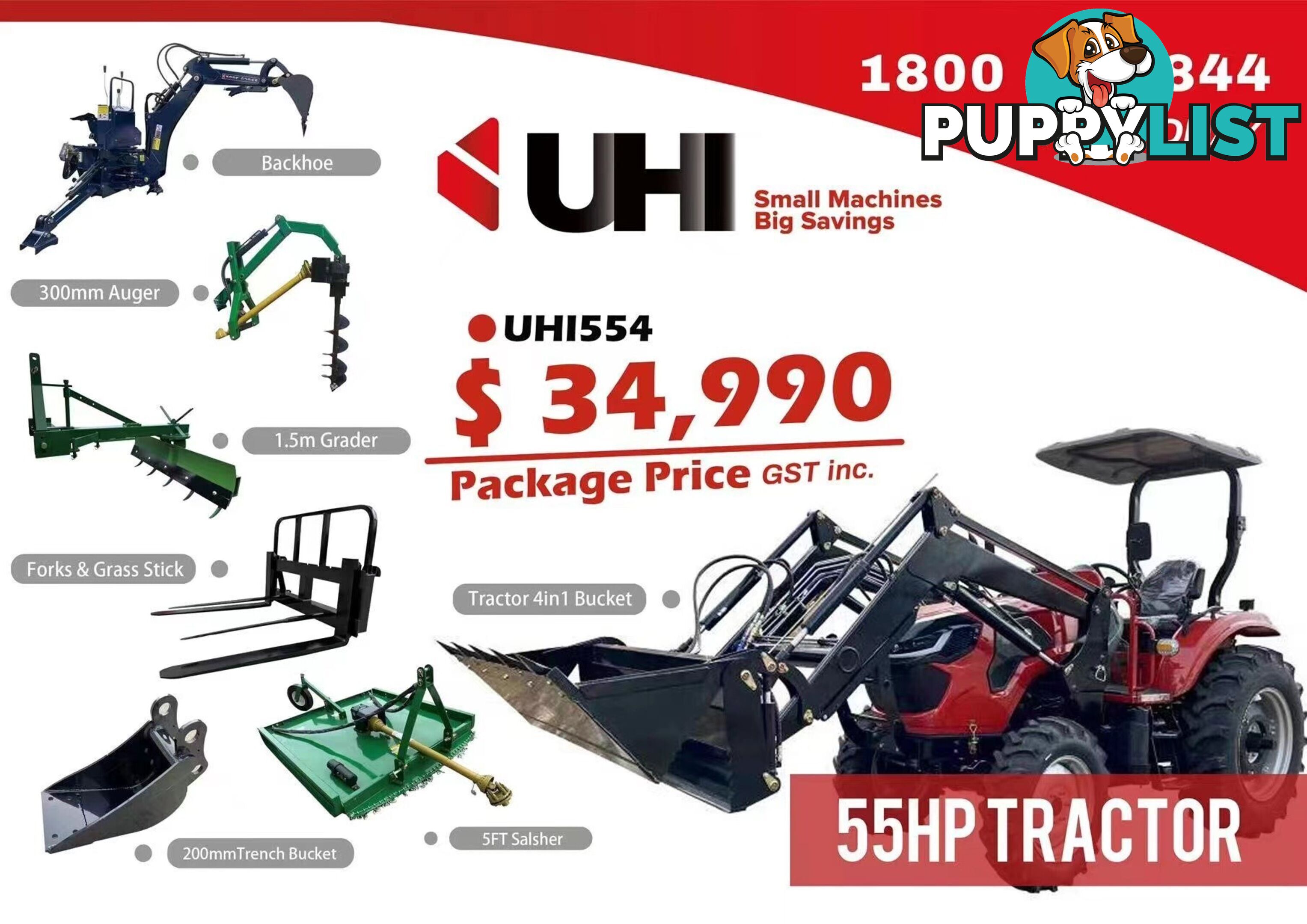 NEW UHI 55HP TRACTOR WITH 7 ATTACHMENTS, (WA ONLY)