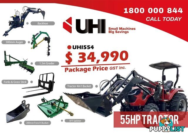 NEW UHI 55HP TRACTOR WITH 7 ATTACHMENTS, (WA ONLY)