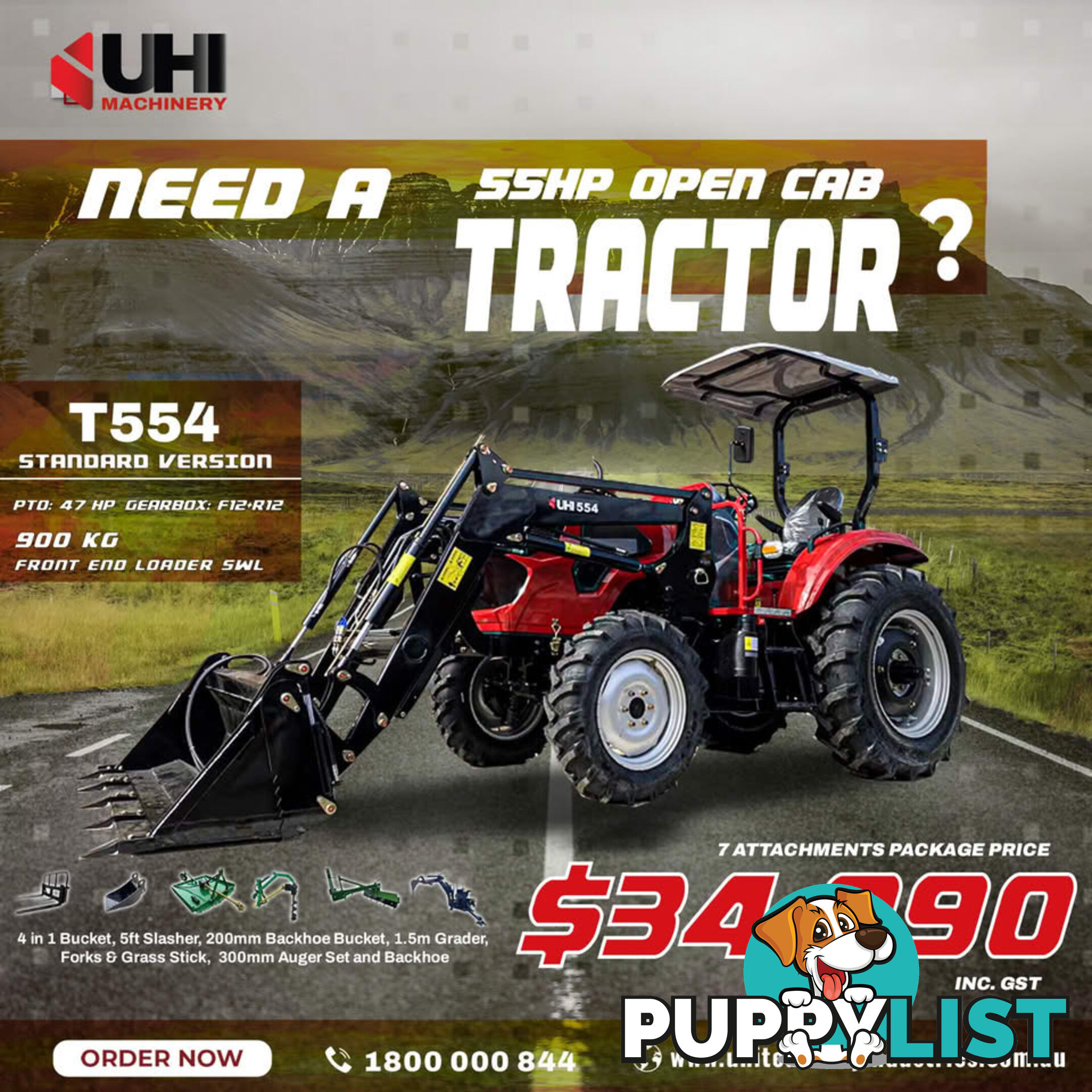 NEW UHI 55HP TRACTOR WITH 7 ATTACHMENTS, (WA ONLY)