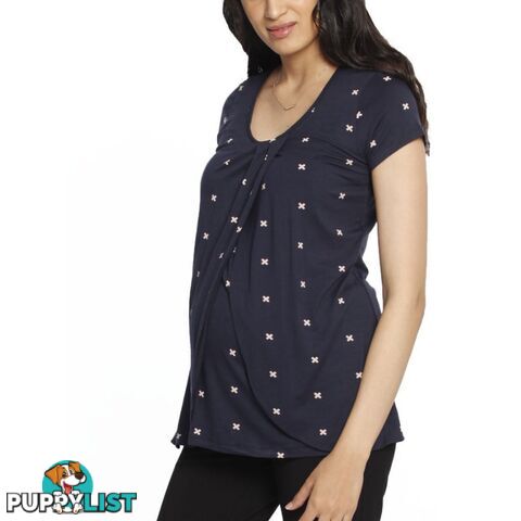 Petal Front Short Sleeve Nursing Top - Cross Navy Print