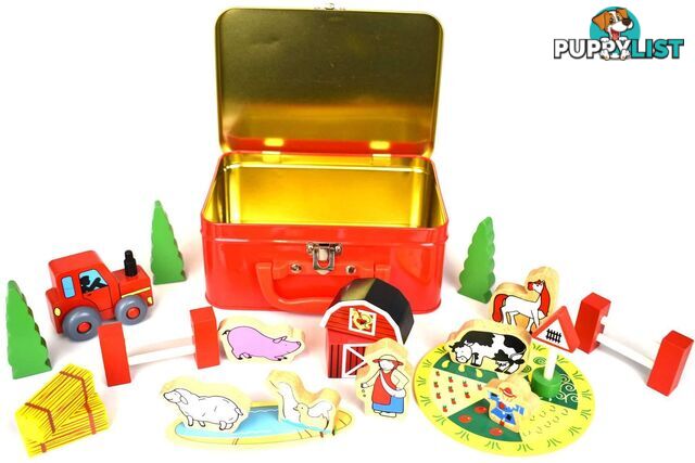 WOODEN FARM SET TIN CASE