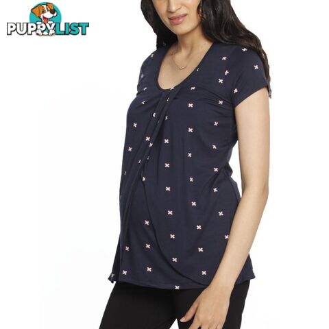 Petal Front Short Sleeve Nursing Top - Cross Navy Print