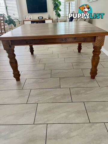 Recycled hand crafted solid timber table plus 8 timber chairs