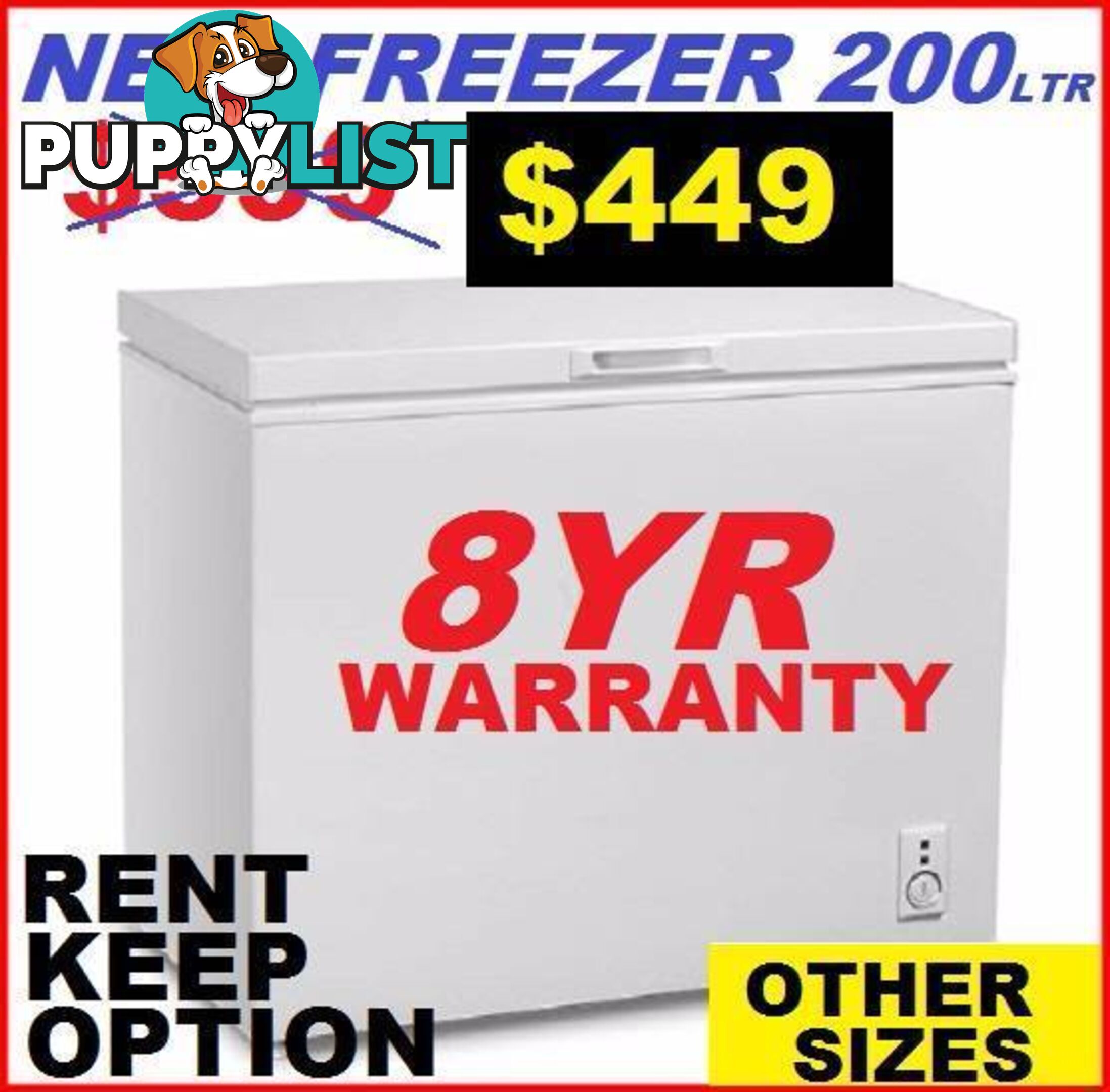 Freezer Chest New 200Ltr. 8 YEAR WARRANTY. ALL SIZES AVAILABLE.