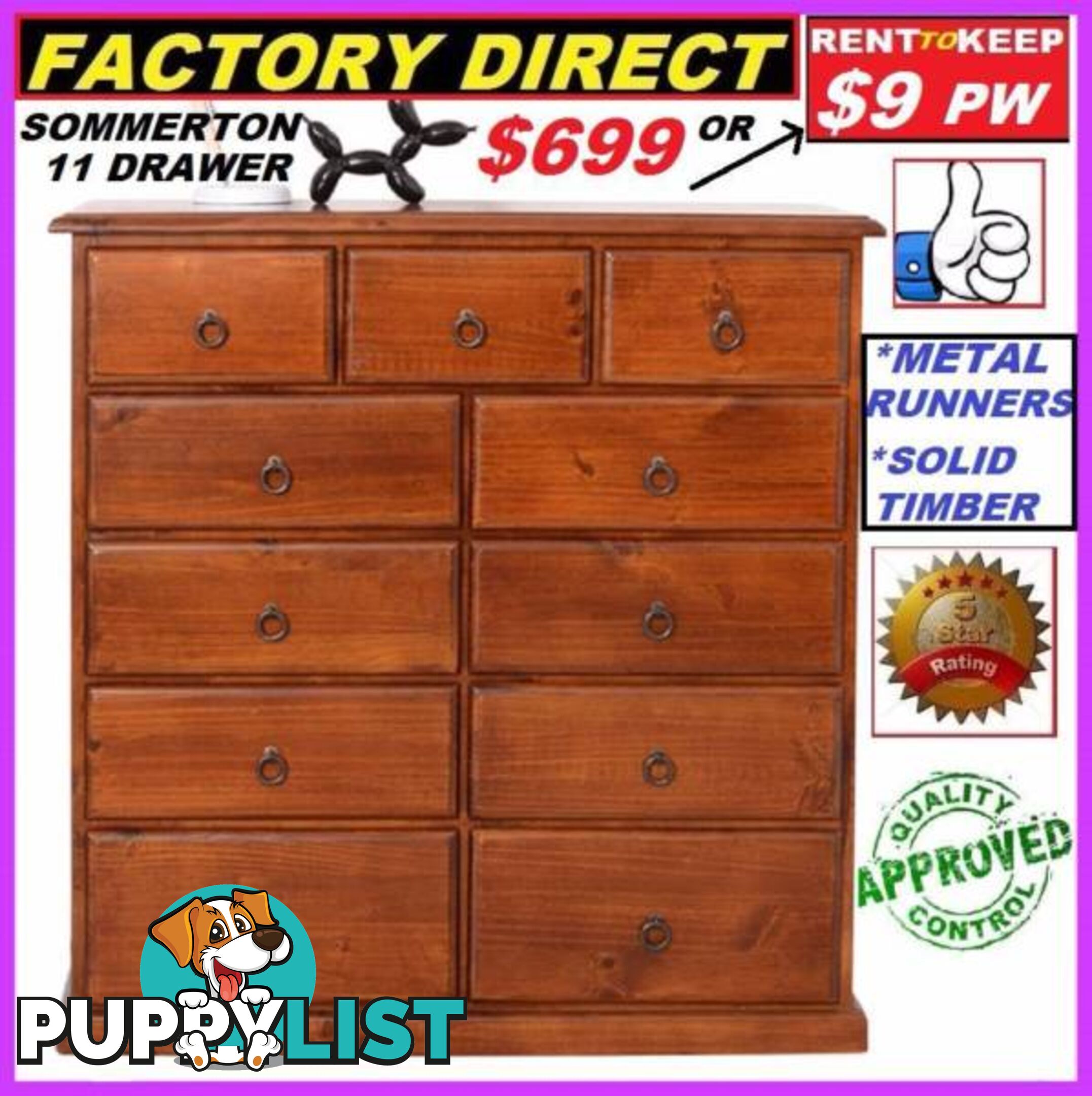 New Tallboy 11 Drawers Solid Timber. Pay Cash $699 Or Rent $9 P/W