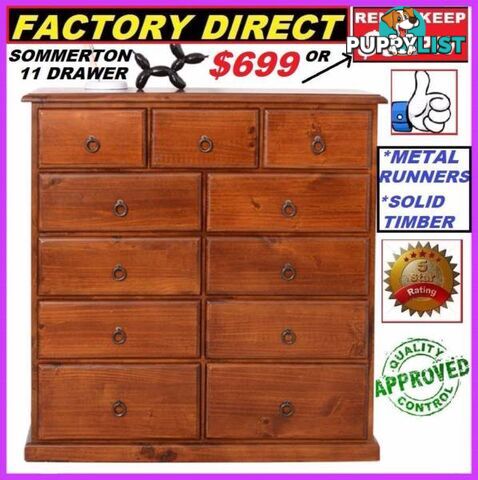 New Tallboy 11 Drawers Solid Timber. Pay Cash $699 Or Rent $9 P/W