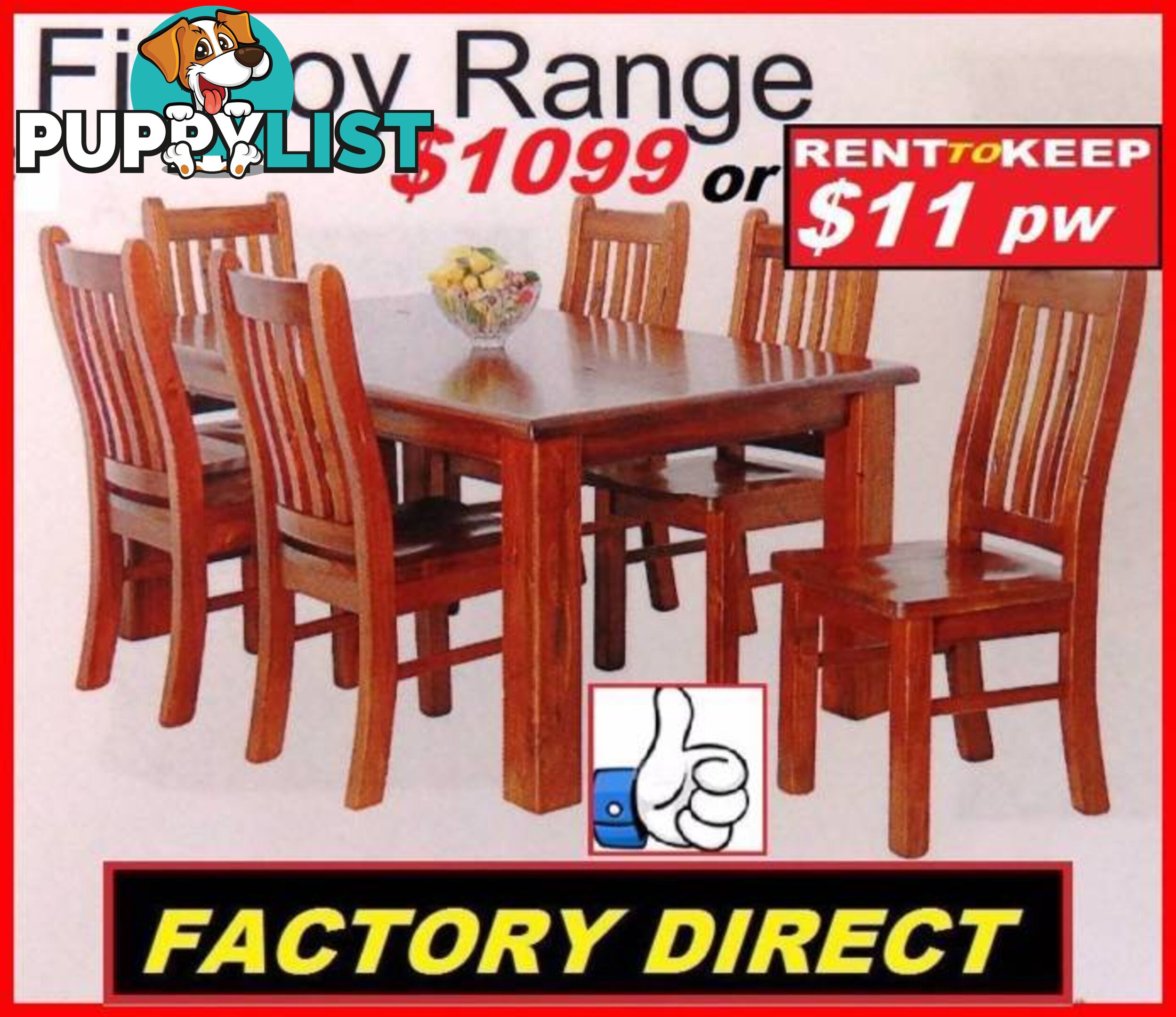 NEW Dining Suite 7 Piece. High Back Chairs $1099. RENT $11.20 PW