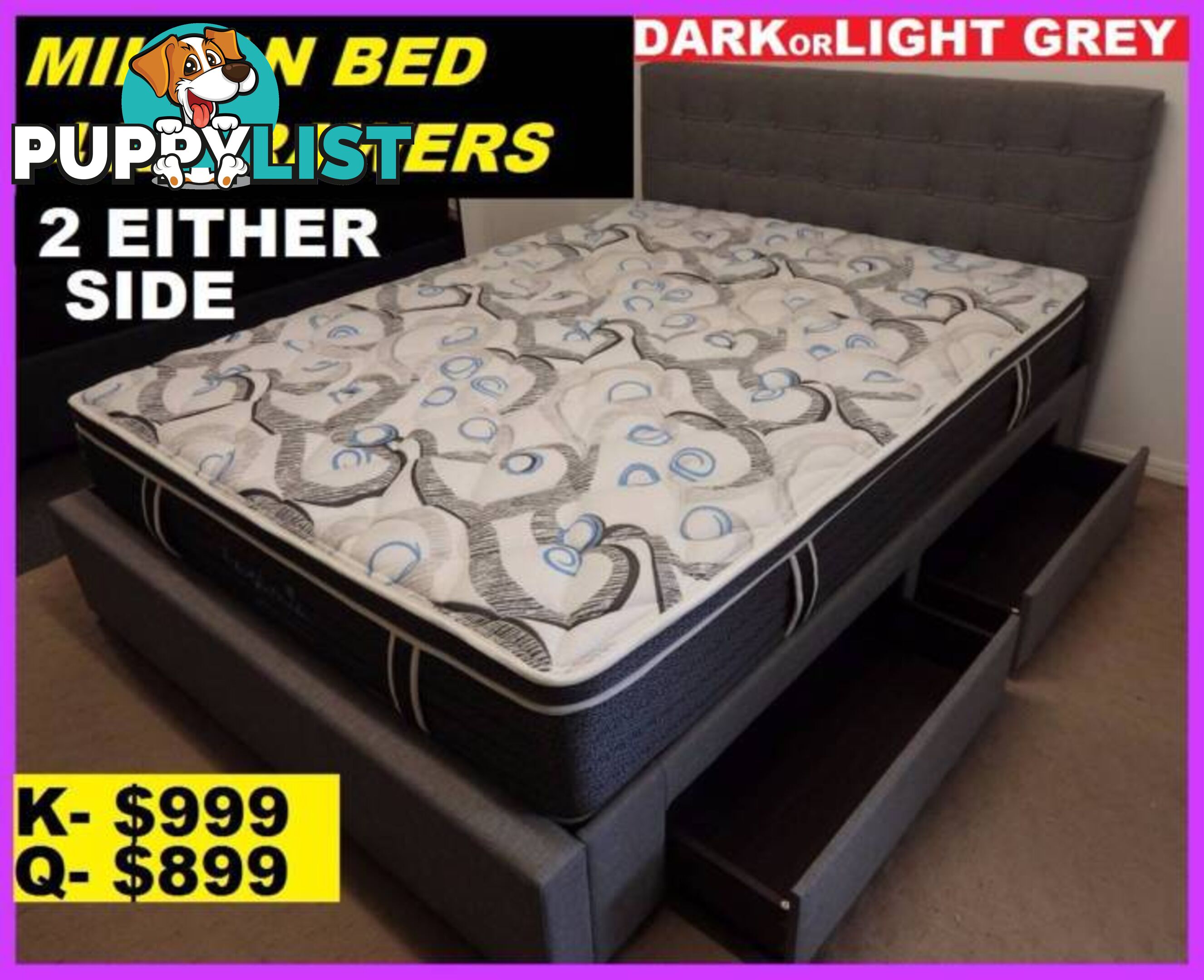 NEW Queen Bed Drawers Under $899. RENTAL $10.60 PW. King $11.80PW