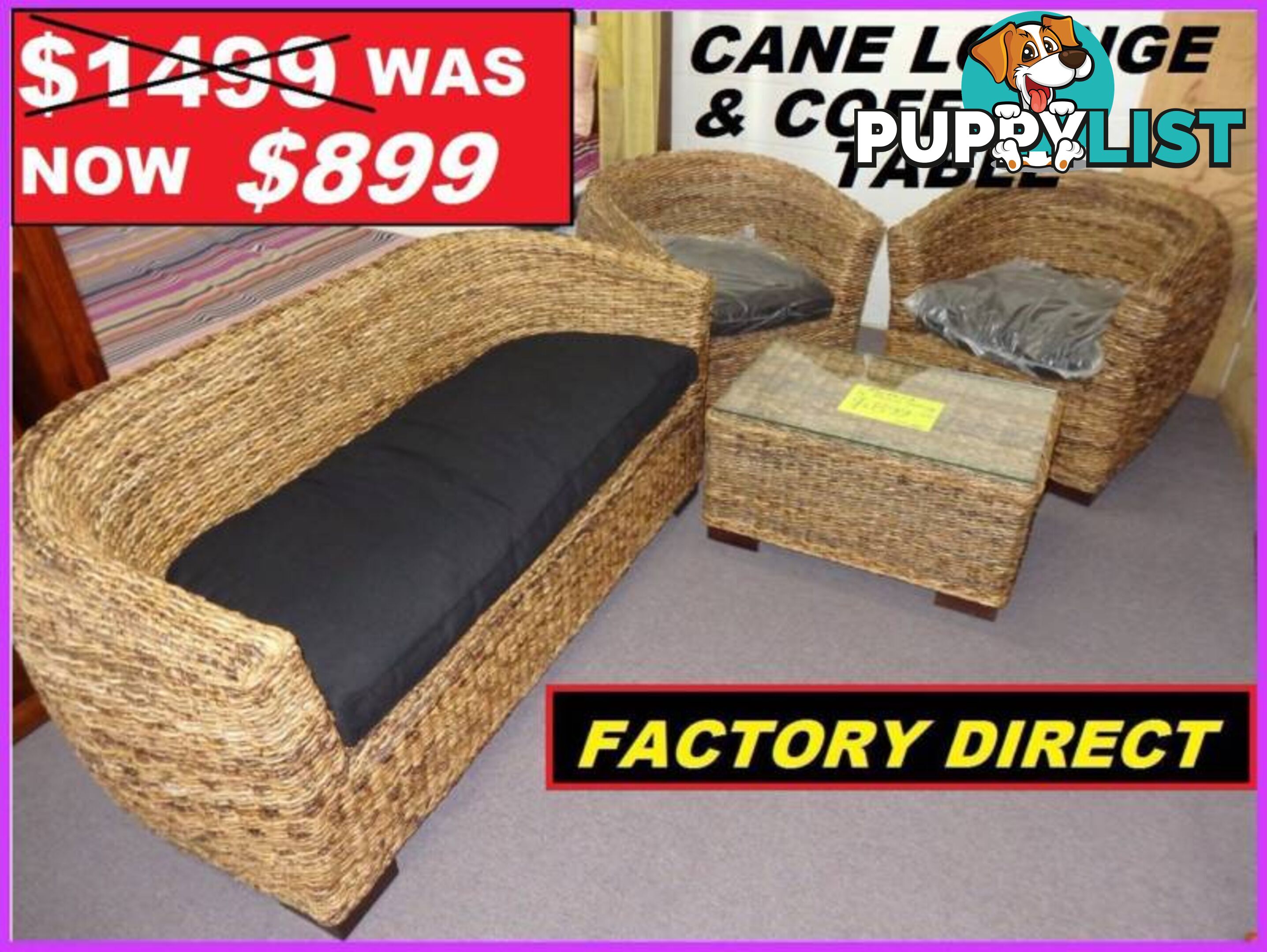 NEW CANE OUTDOOR LOUNGE SUITE WITH COFFEE TABLE $899.