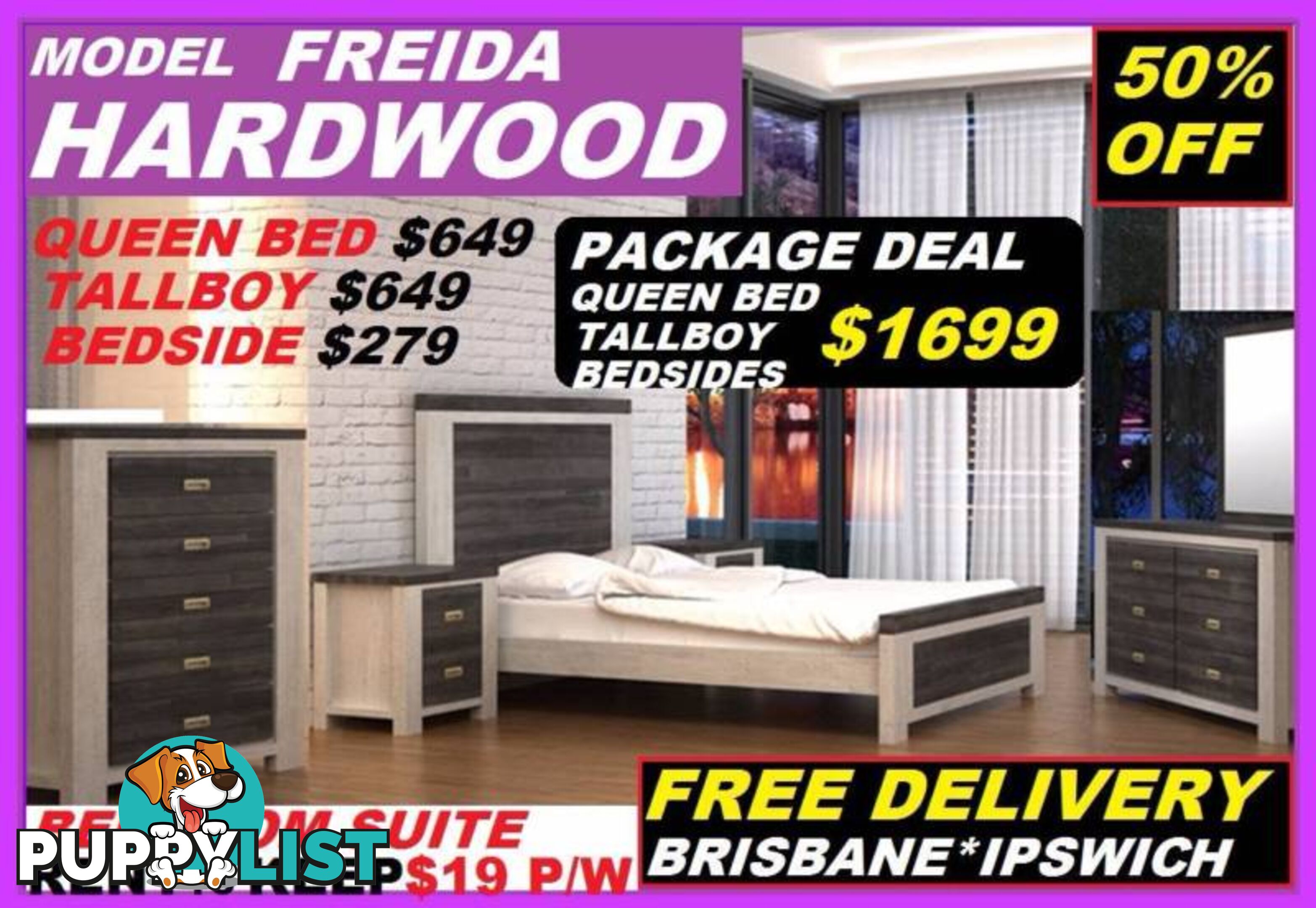 New Queen Bed Hardwood $649. RENTAL OPTION $7.50 Per Week.