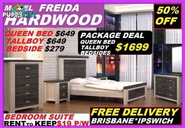 New Queen Bed Hardwood $649. RENTAL OPTION $7.50 Per Week.