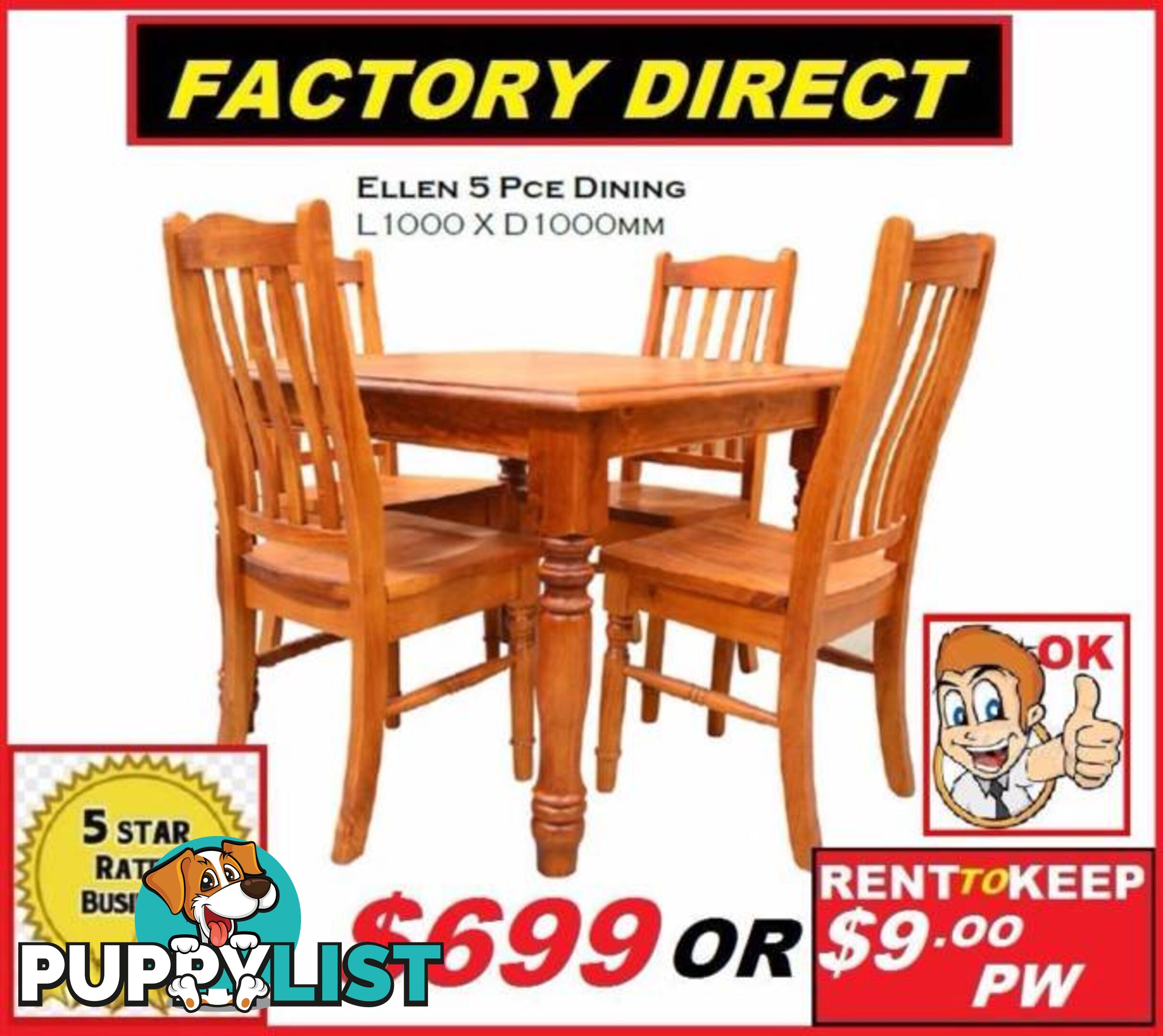 New Dining suite 5 piece chunky solid timber $699. Rent $7.50PW