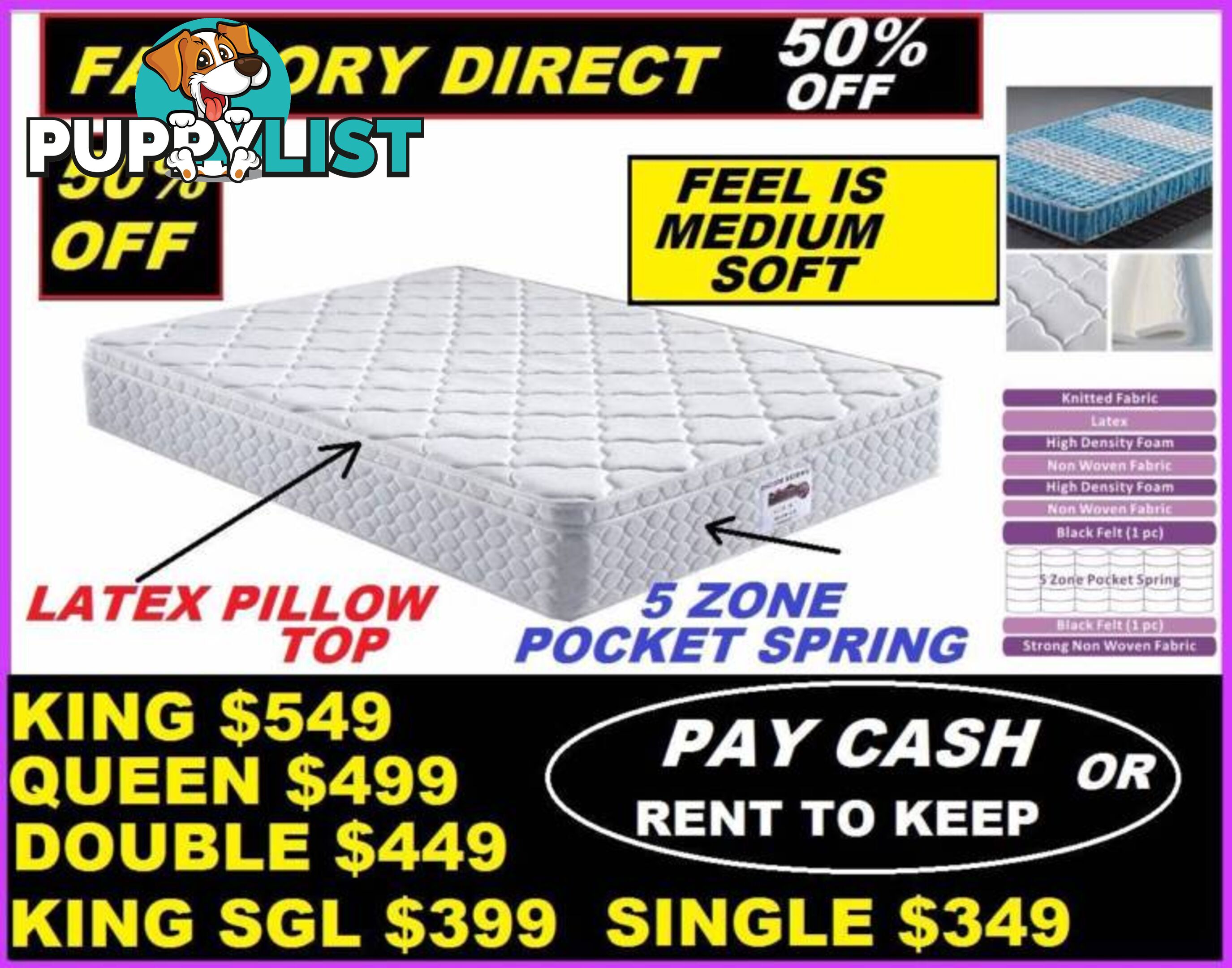 NEW QUEEN MATTRESS $499. KING, DOUBLE, SINGLE. RENT FROM $5.20PW