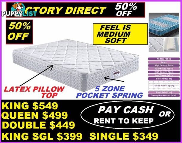 NEW QUEEN MATTRESS $499. KING, DOUBLE, SINGLE. RENT FROM $5.20PW