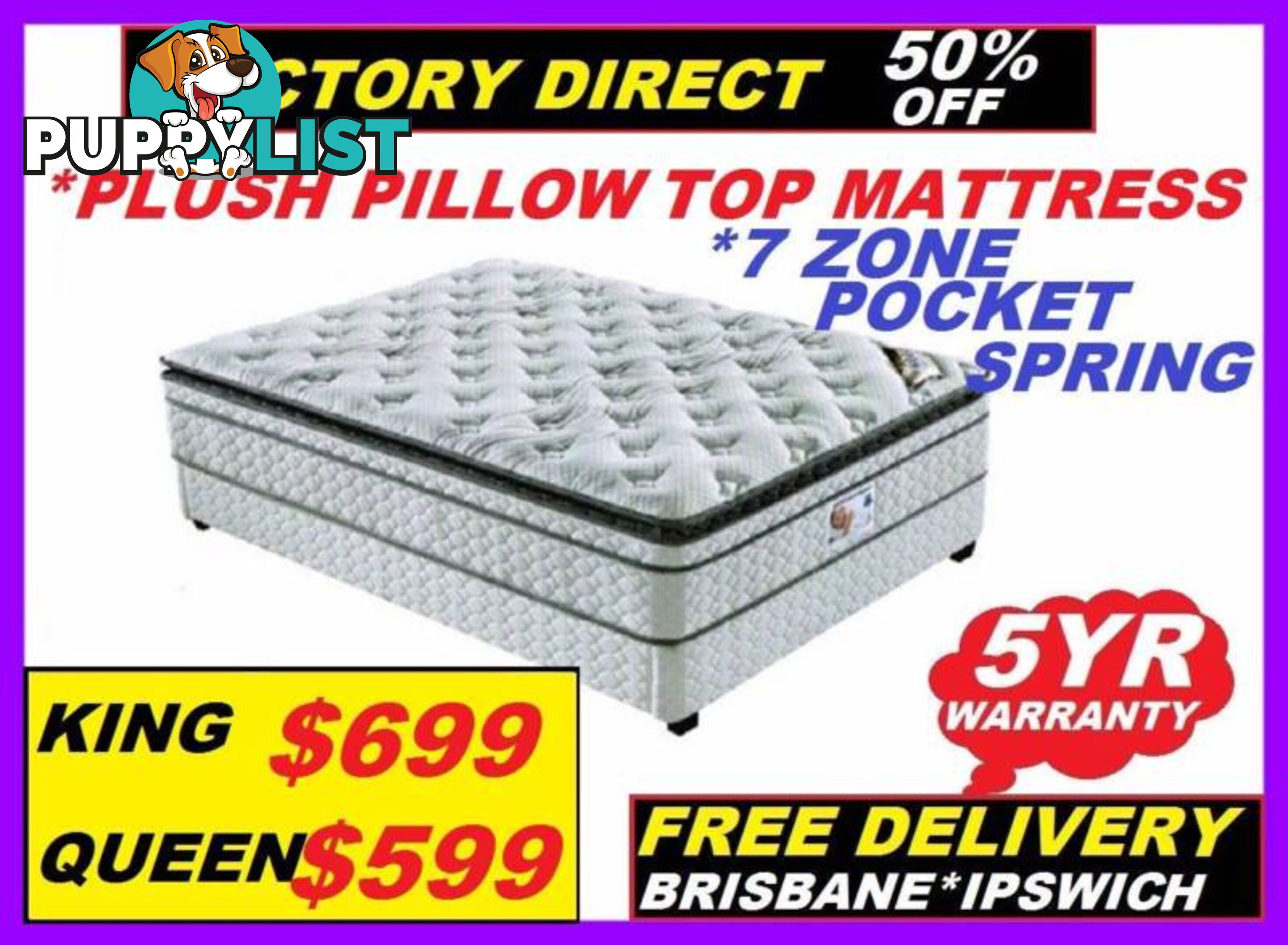 NEW QUEEN MATTRESS, KING 7 Zone Pocket Spring. RENT $8.85 PW.