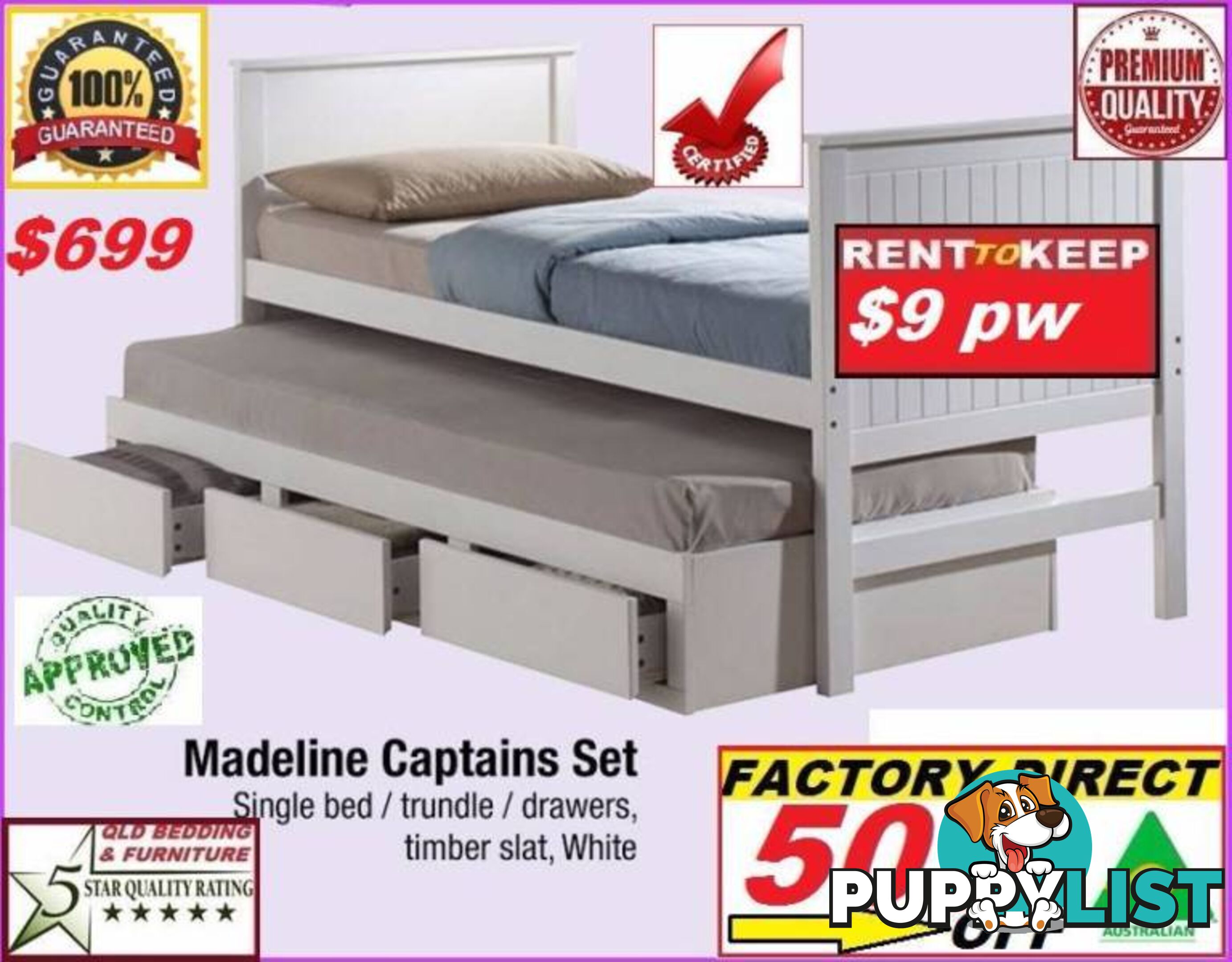 New Single Trundle Bed Wit Drawers. Cash $699 Or Rent Keep $9PW