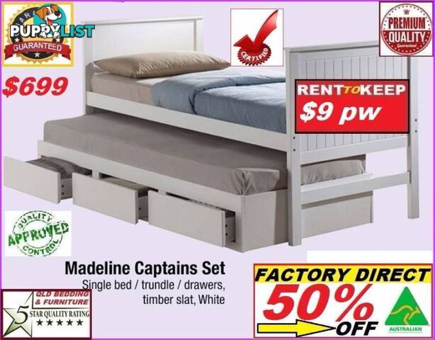 New Single Trundle Bed Wit Drawers. Cash $699 Or Rent Keep $9PW