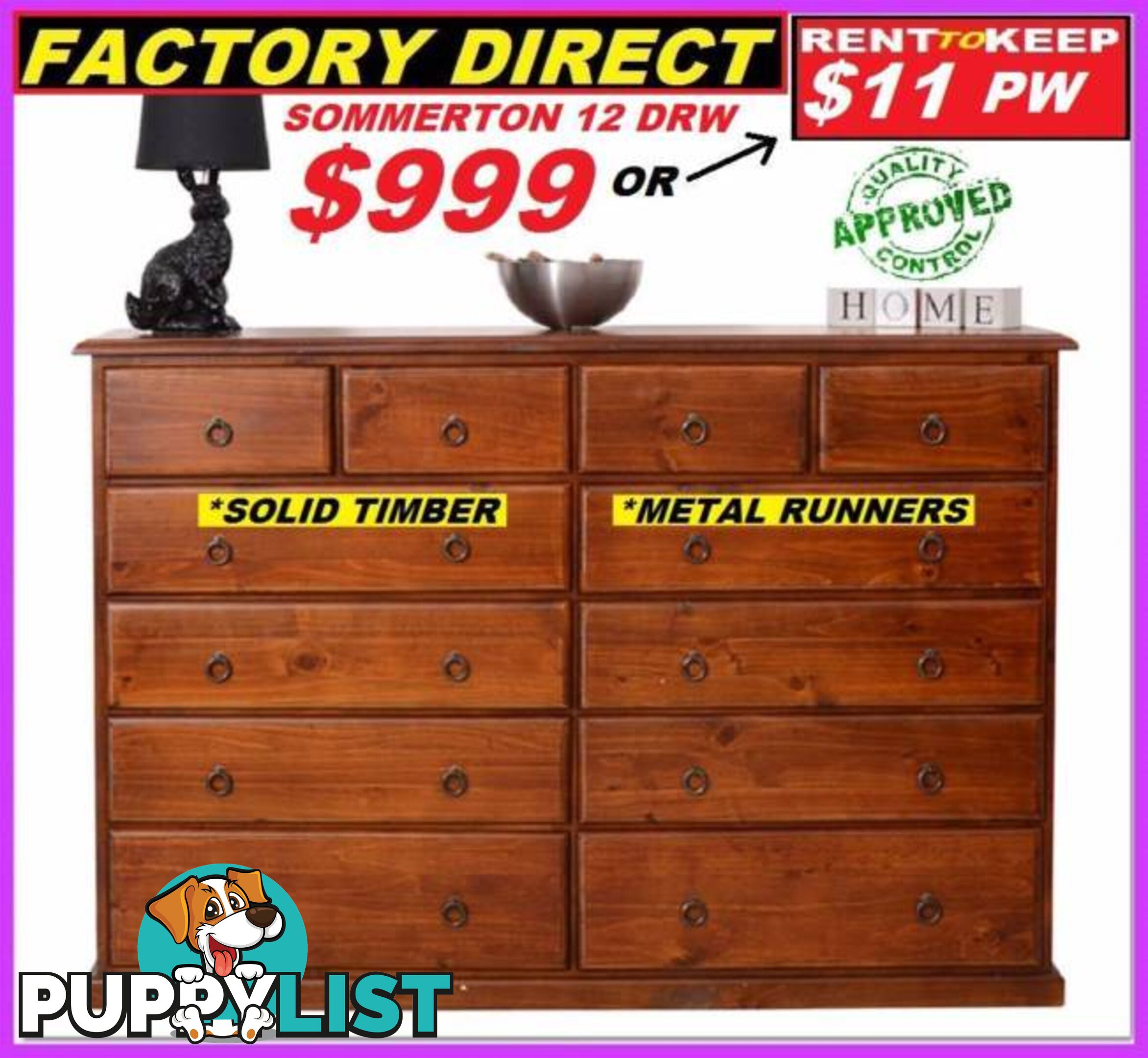 Tallboy Drawers New 12 Drawers Metal Runners $999. RENT $11 PW