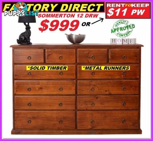 Tallboy Drawers New 12 Drawers Metal Runners $999. RENT $11 PW