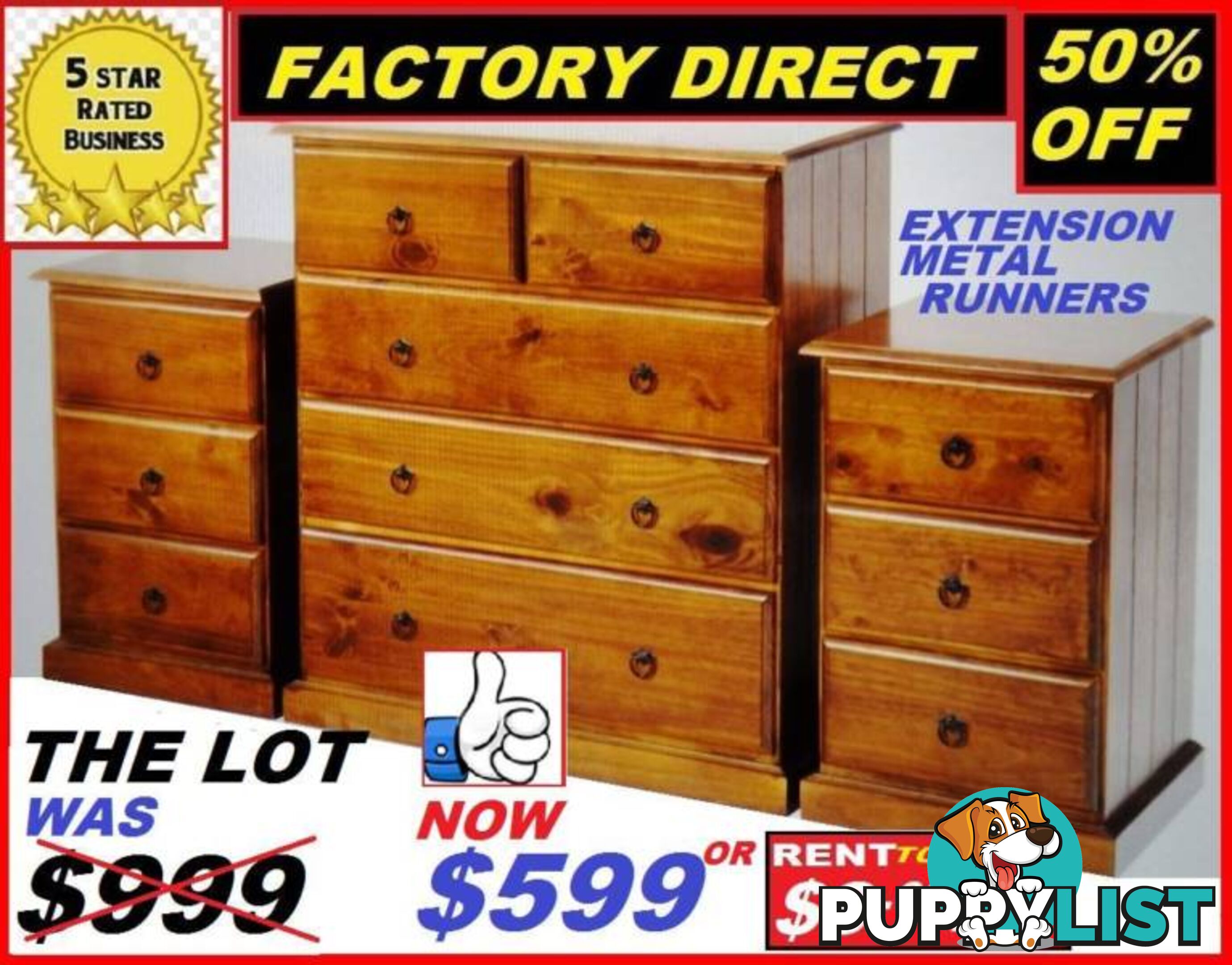 Tallboy New And Two Bedsides $599 Or RENT TO KEEP FOR $8 PW