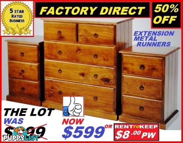 Tallboy New And Two Bedsides $599 Or RENT TO KEEP FOR $8 PW