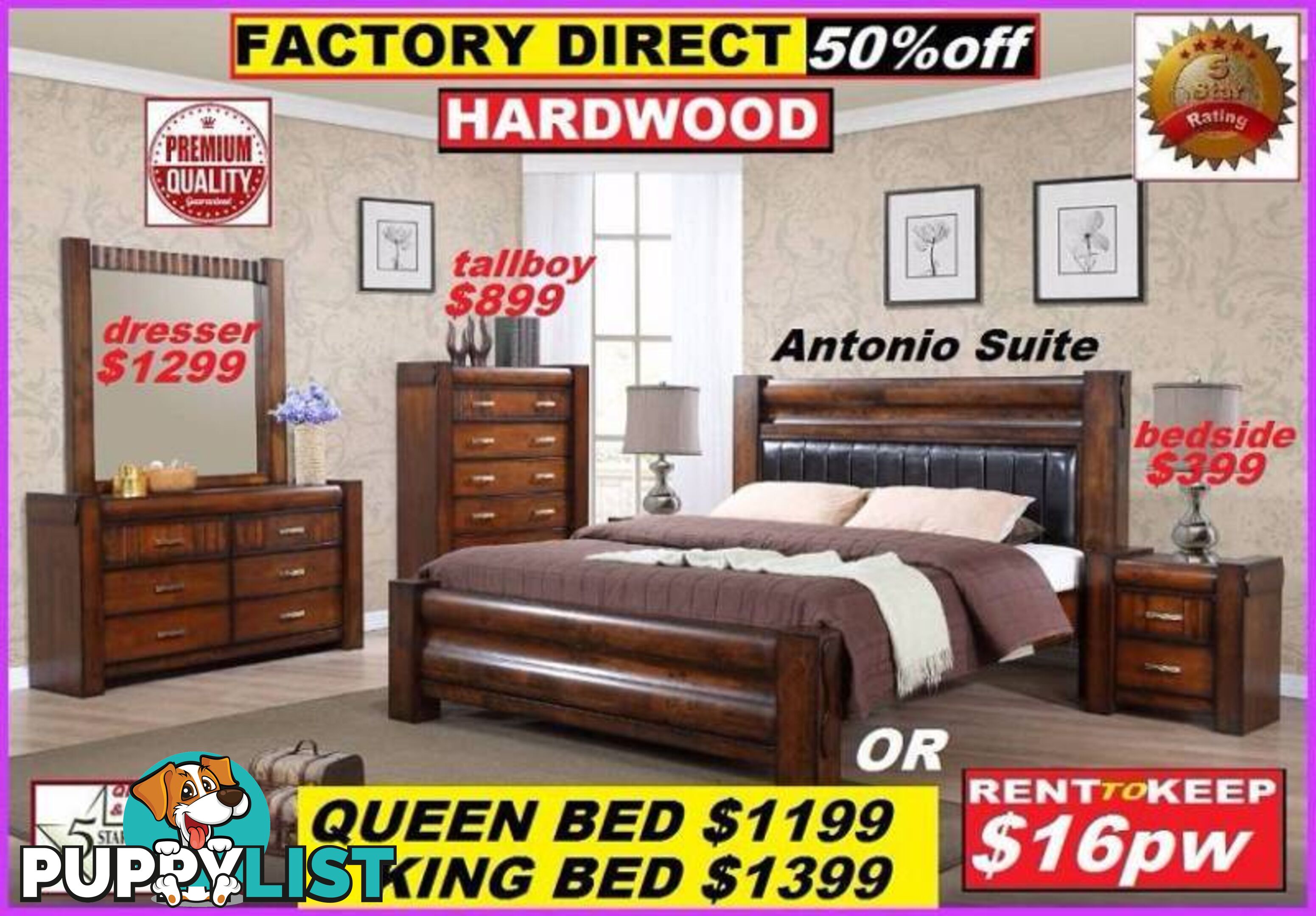 New Queen Bed Hardwood $1199. King Bed $1399. RENT KEEP $16 PW