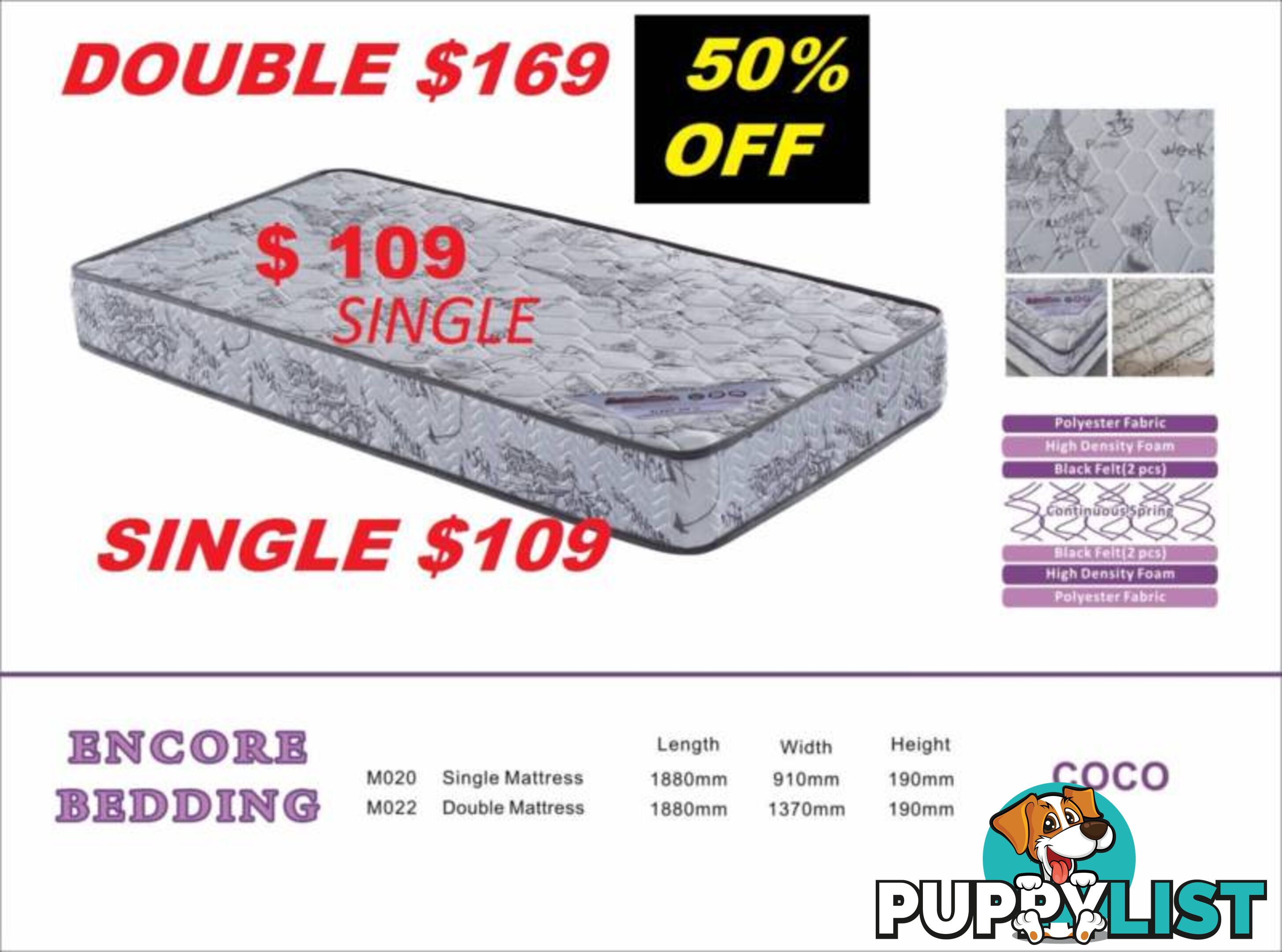 NEW SINGLE MATTRESS $109. DOUBLE MATTRESS $169. 50% OFF.