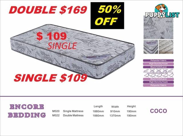 NEW SINGLE MATTRESS $109. DOUBLE MATTRESS $169. 50% OFF.