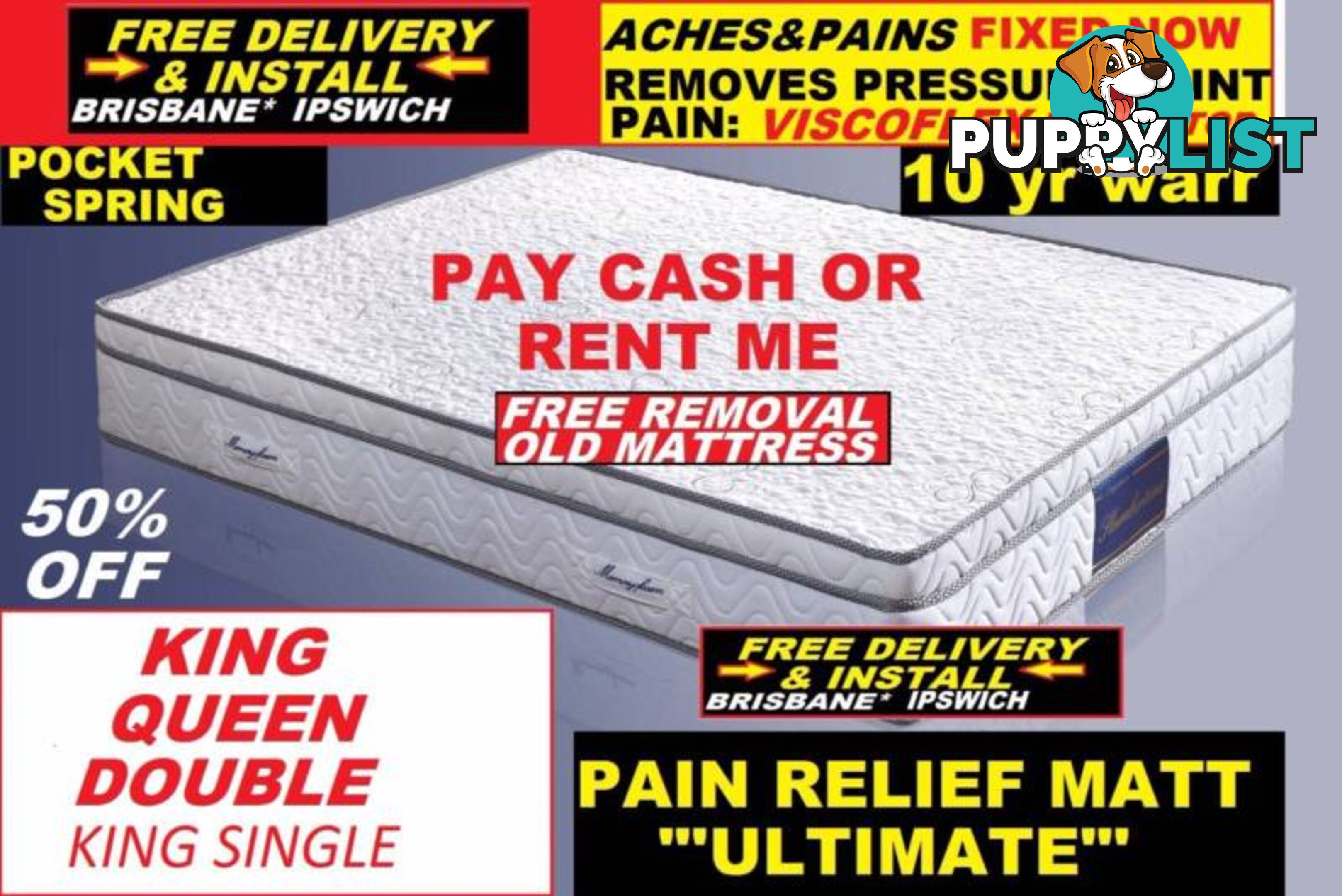 NEW MATTRESS QUEEN, KING MEMORY FOAM PILLOW TOP. RENT $9.45PW