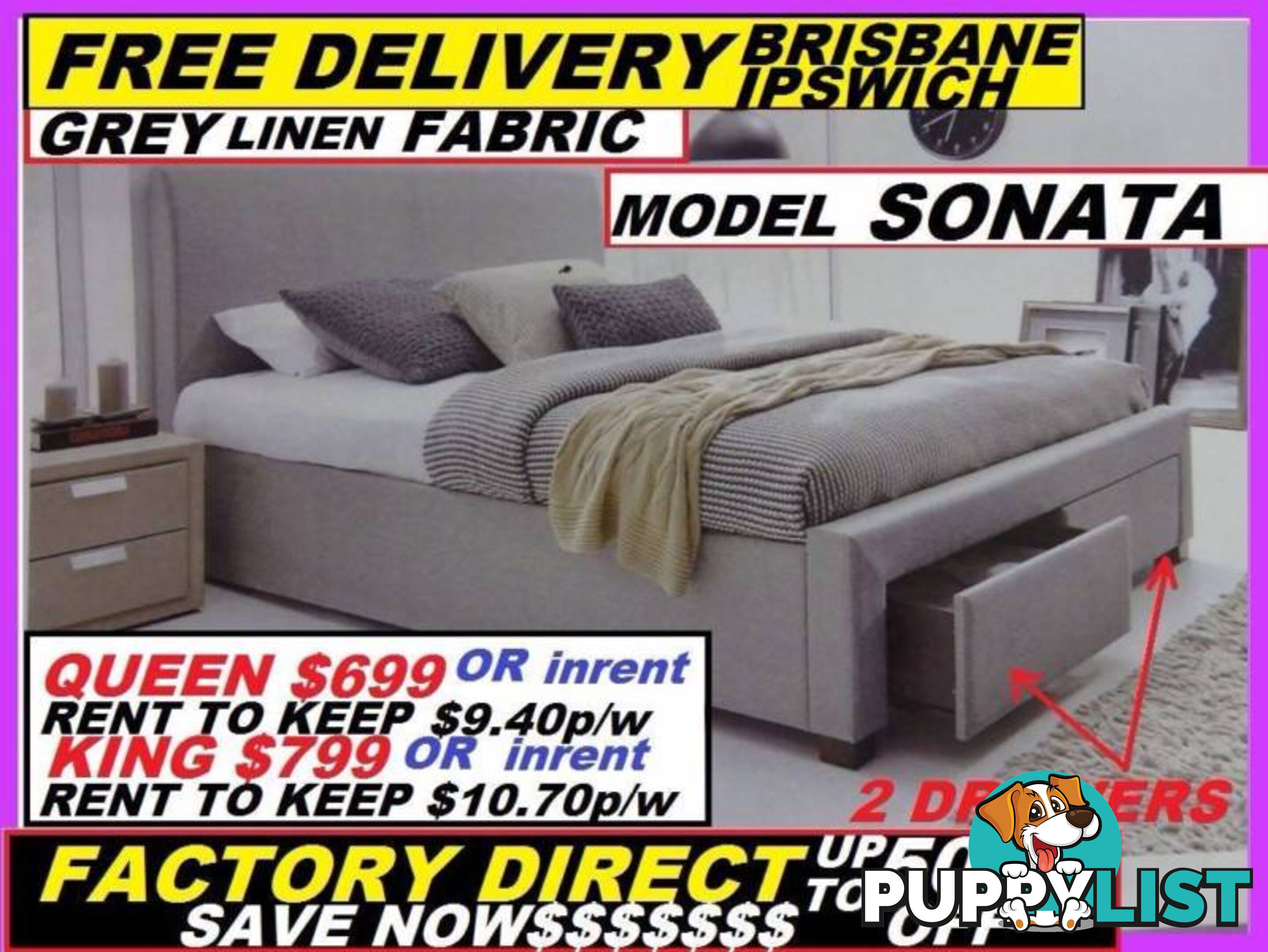 NEW QUEEN Bed+Storage Drawers $699. KING $799. RENTAL $9.40PW