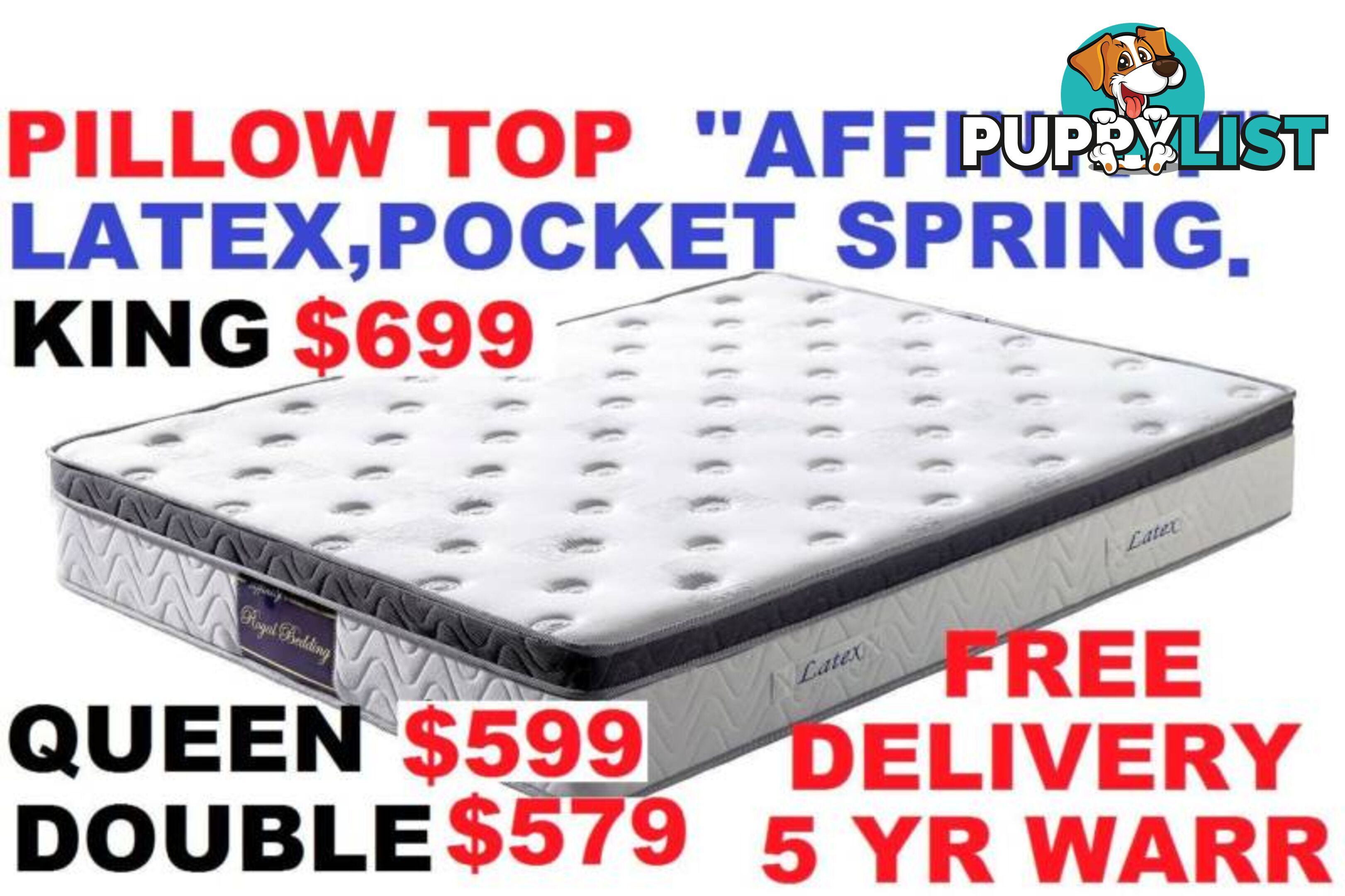 NEW QUEEN MATTRESS LATEX PILLOW TOP POCKET SPRING. RENT $6.35PW