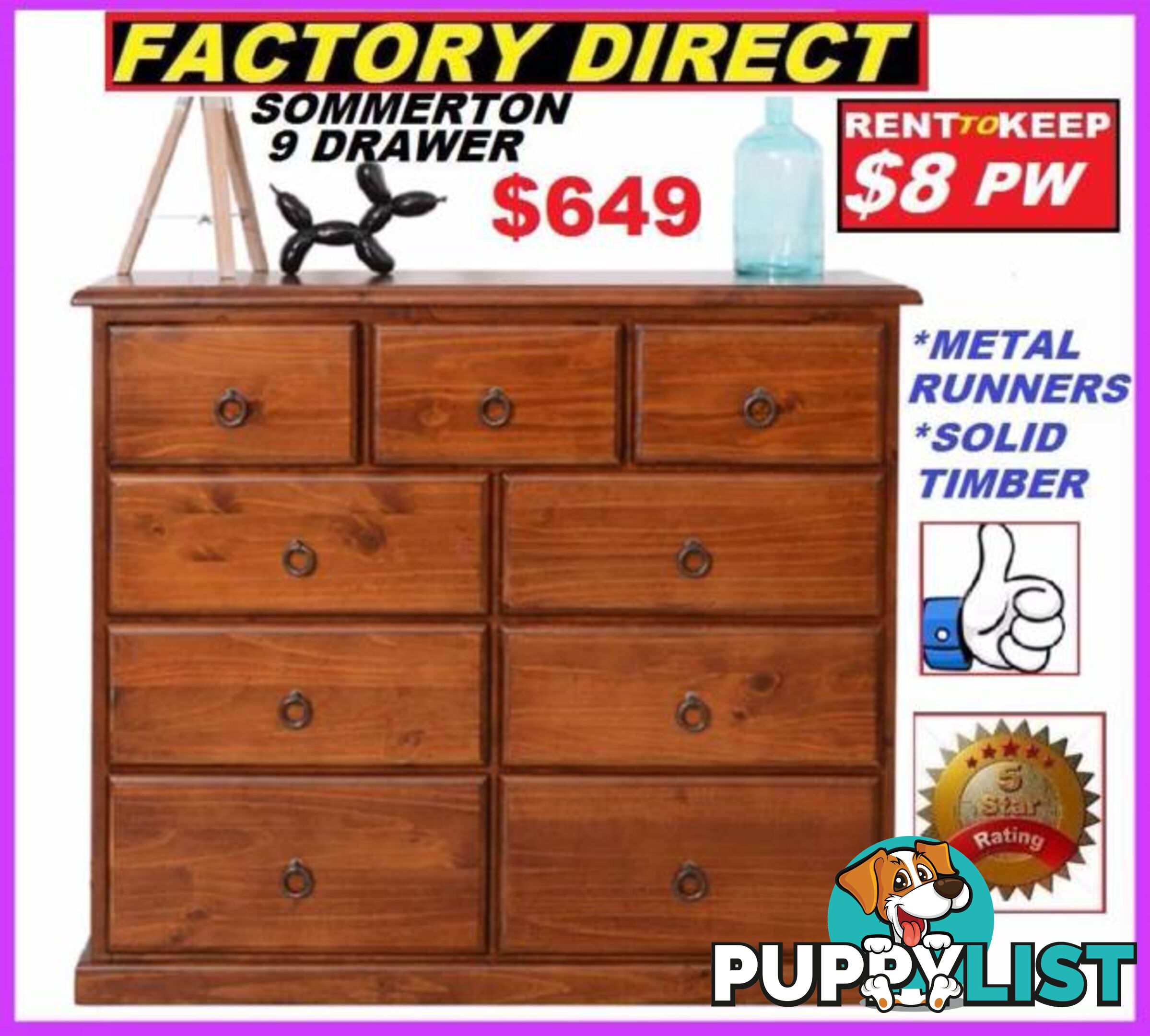 Brand New Tallboy 9 Drawers Timber . Cash $649 Or RENT For $8 P/W