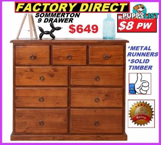 Brand New Tallboy 9 Drawers Timber . Cash $649 Or RENT For $8 P/W