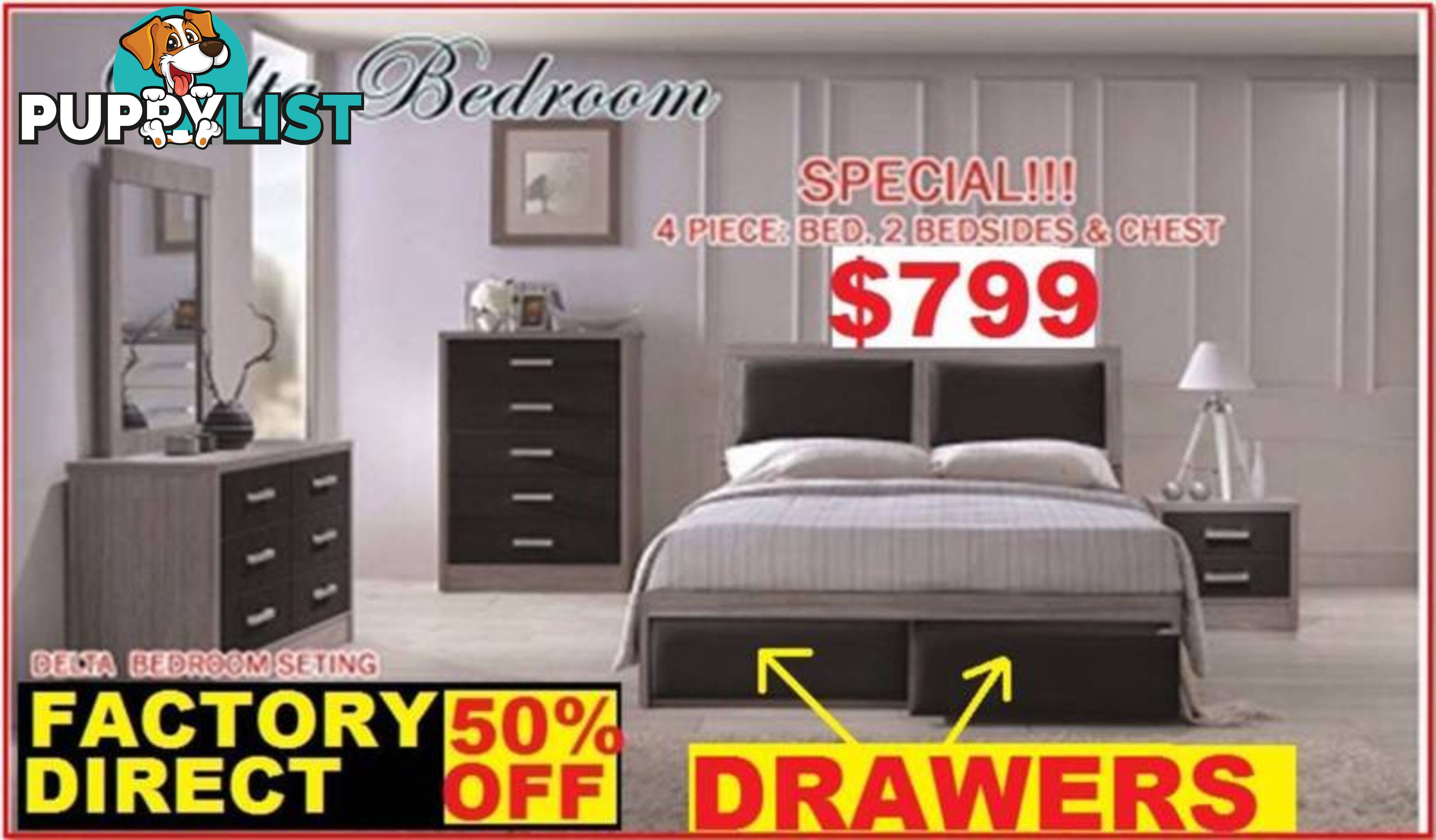 NEW QUEEN BED Plus Tallboy And Bedsides $799. RENT KEEP $9.45 PW