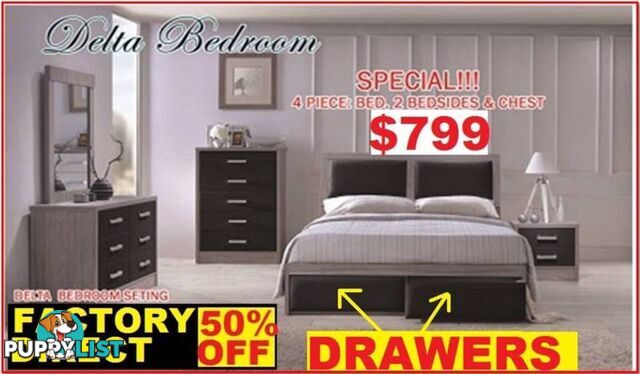 NEW QUEEN BED Plus Tallboy And Bedsides $799. RENT KEEP $9.45 PW