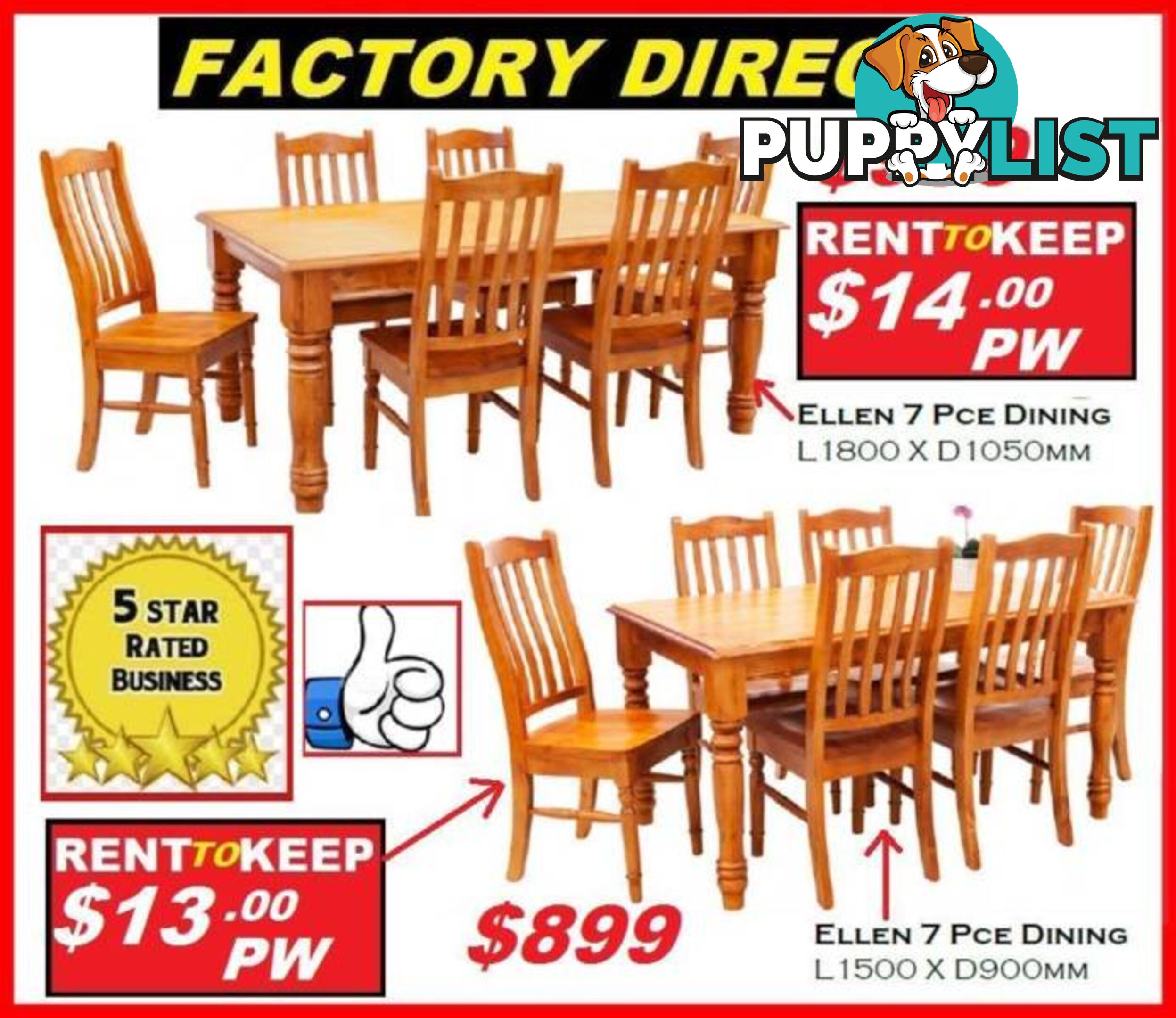 New Dining Suites Solid Chunky Strong.CASH OR RENT $13 P/W