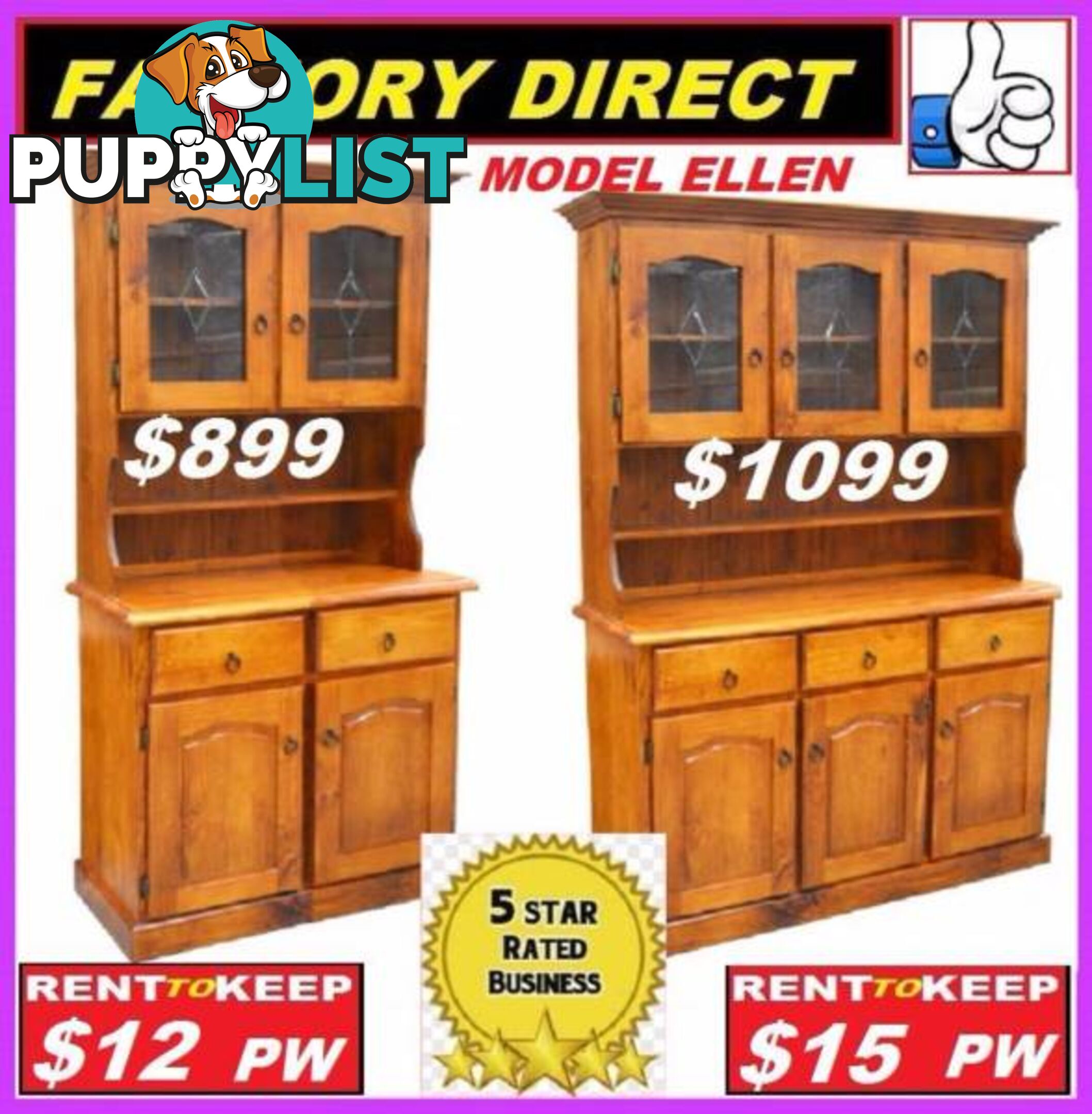 NEW Buffet Hutch Lead Light Solid. All Sizes. RENT KEEP $9.25 PW