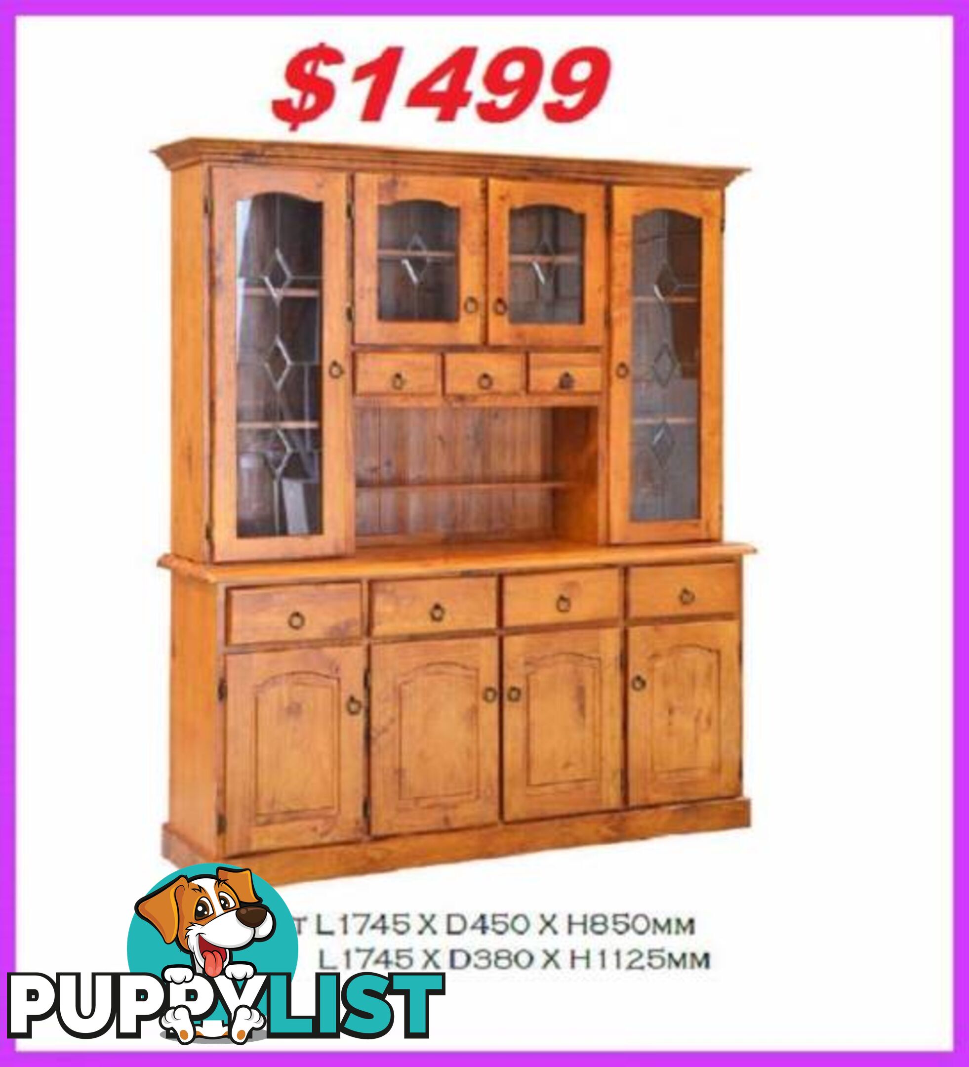 NEW Buffet Hutch Lead Light Solid. All Sizes. RENT KEEP $9.25 PW