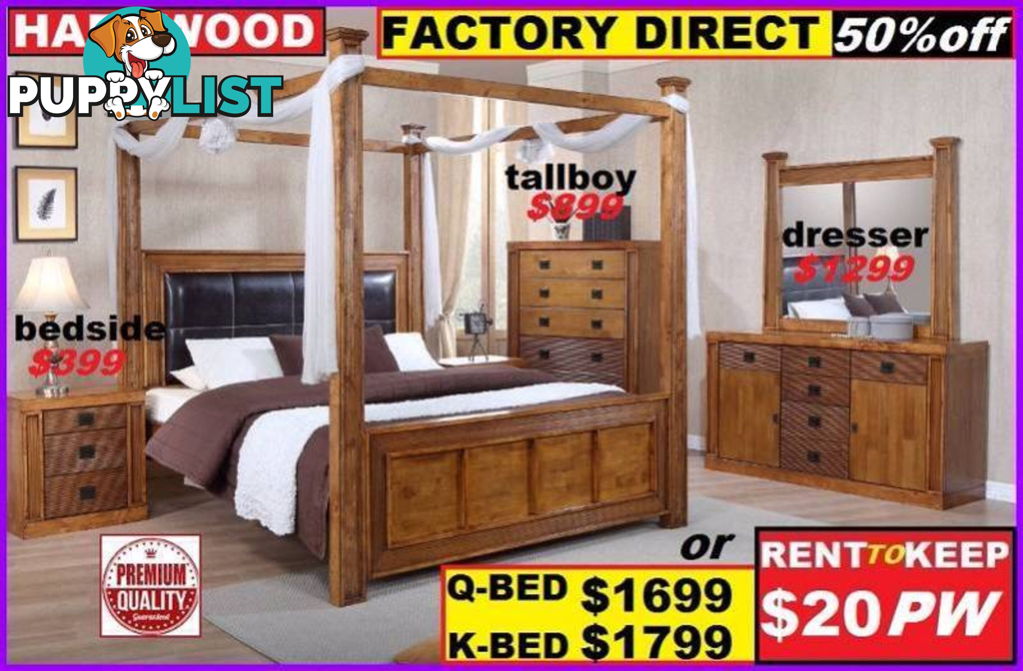 New Queen Canopy Bed Hardwood 4 Poster $1699. King $1799.