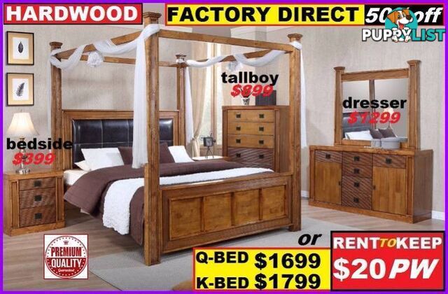 New Queen Canopy Bed Hardwood 4 Poster $1699. King $1799.