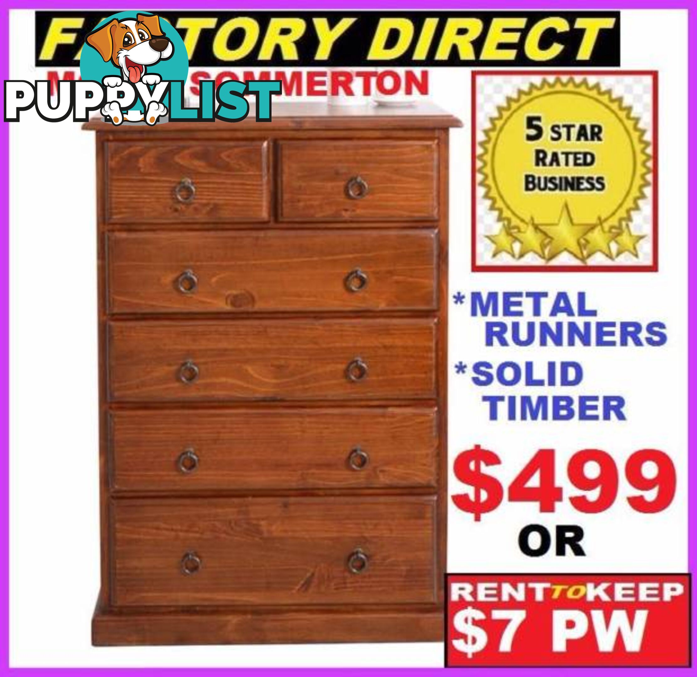 New Tallboy 6 Drawers. PAY CASH $499 OR RENT $7 P/W.