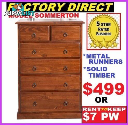 New Tallboy 6 Drawers. PAY CASH $499 OR RENT $7 P/W.