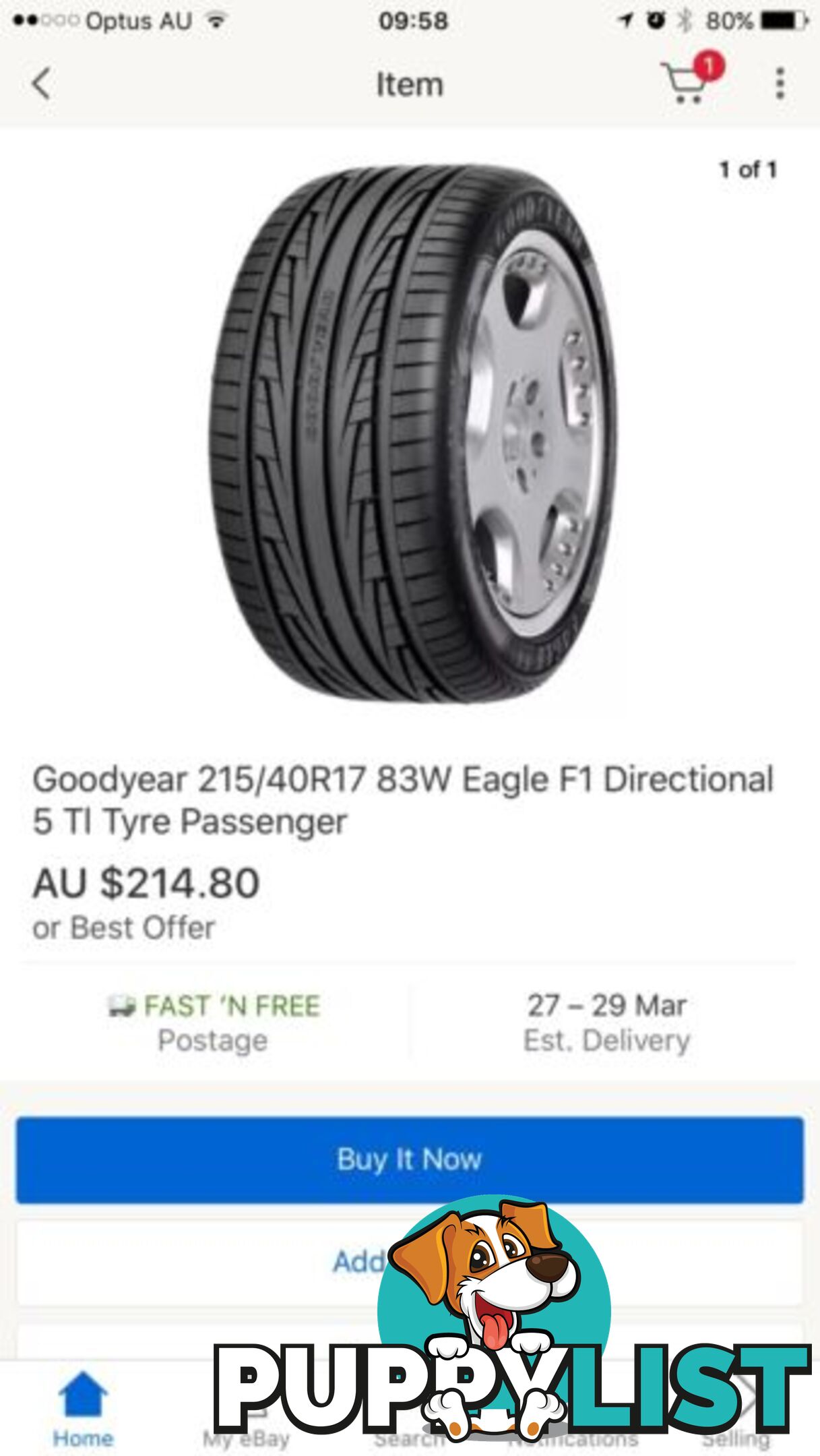 215/40/17 GoodYear Eagle 1 TYRES / 215 new for one