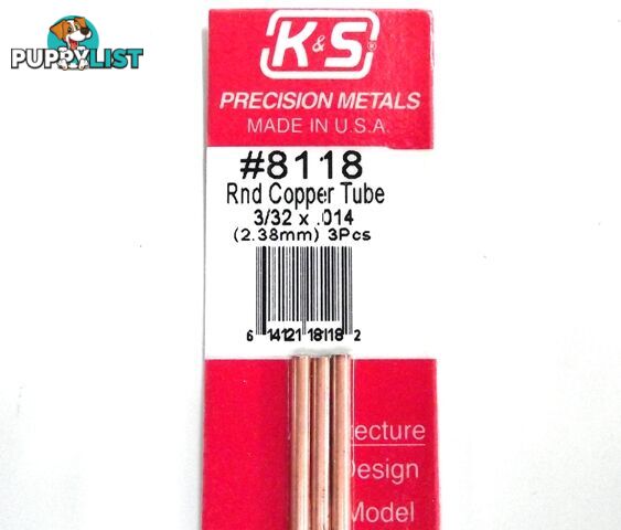 K&S METAL #8118 3/32' OD COPPER TUBE 3PCS - K &amp; S METALS