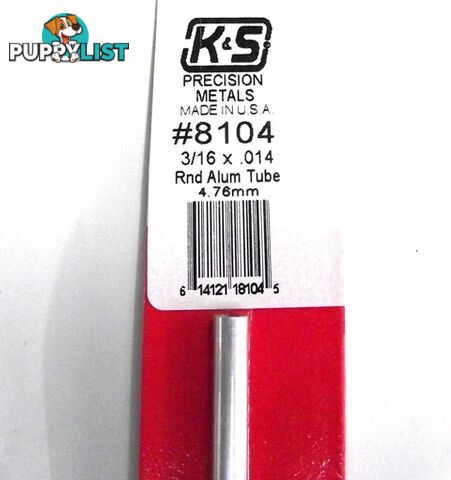 K&S METAL ROUND #8104 3/16' OD  ALUMINIUM TUBE 1PC - K &amp; S METALS